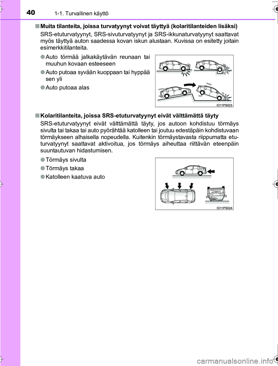 TOYOTA PRIUS 2016  Omistajan Käsikirja (in Finnish) 401-1. Turvallinen käyttö
OM47A31FI■
Muita tilanteita, joissa turvatyynyt voiv at täyttyä (kolaritilanteiden lisäksi)
SRS-etuturvatyynyt, SRS-sivuturvatyynyt ja SRS-ikkunaturvatyynyt saattavat
