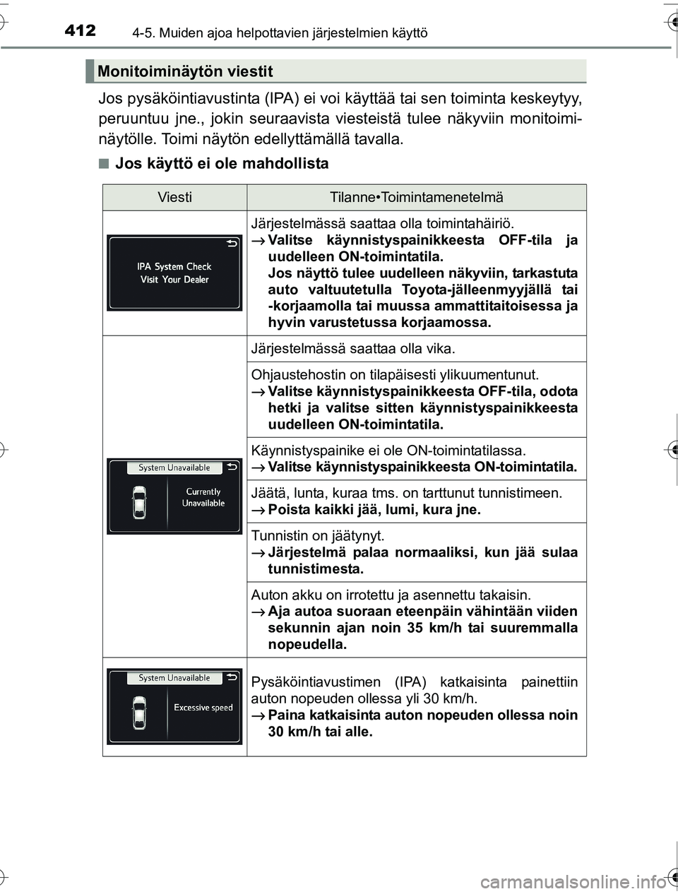 TOYOTA PRIUS 2016 Omistajan Käsikirja (in Finnish) 4124-5. Muiden ajoa helpottavien järjestelmien käyttö
OM47A31FI
Jos pysäköintiavustinta (IPA) ei voi käyttää tai sen toiminta keskeytyy,
peruuntuu jne., jokin seuraavista vi esteistä tulee n TOYOTA PRIUS 2016 Omistajan Käsikirja (in Finnish) 4124-5. Muiden ajoa helpottavien järjestelmien käyttö
OM47A31FI
Jos pysäköintiavustinta (IPA) ei voi käyttää tai sen toiminta keskeytyy,
peruuntuu jne., jokin seuraavista vi esteistä tulee n