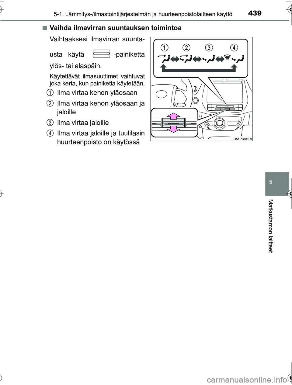TOYOTA PRIUS 2016  Omistajan Käsikirja (in Finnish) 4395-1. Lämmitys-/ilmastointijärjestelmän ja huurteenpoistolaitteen käyttö
OM47A31FI
5
Matkustamon laitteet
■Vaihda ilmavirran suuntauksen toimintoa
Vaihtaaksesi ilmavirran suunta-
usta käytä