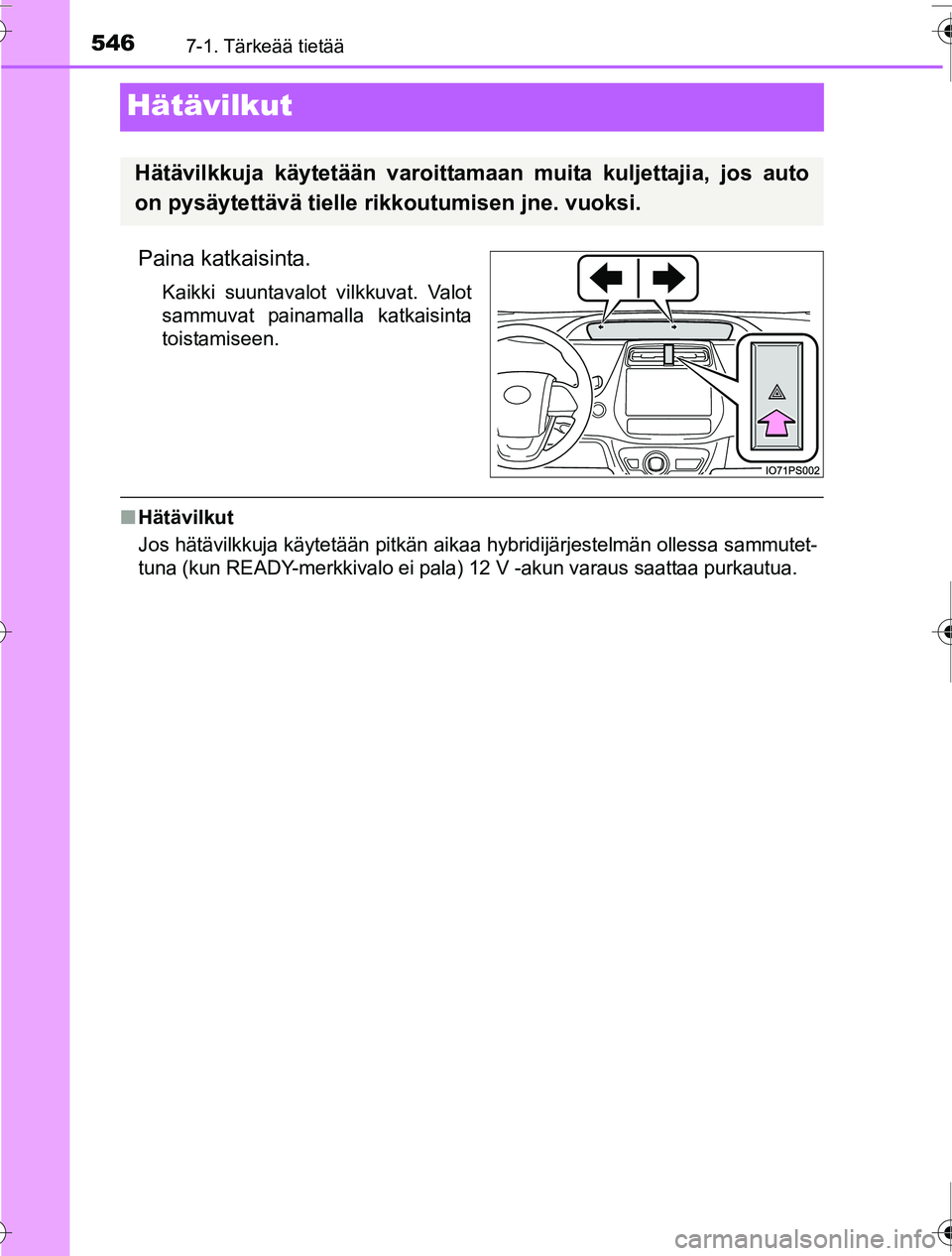 TOYOTA PRIUS 2016  Omistajan Käsikirja (in Finnish) 5467-1. Tärkeää tietää
OM47A31FI
Hätävilkut
Paina katkaisinta.
Kaikki suuntavalot vilkkuvat. Valot
sammuvat painamalla katkaisinta
toistamiseen.
■Hätävilkut
Jos hätävilkkuja käytetään 