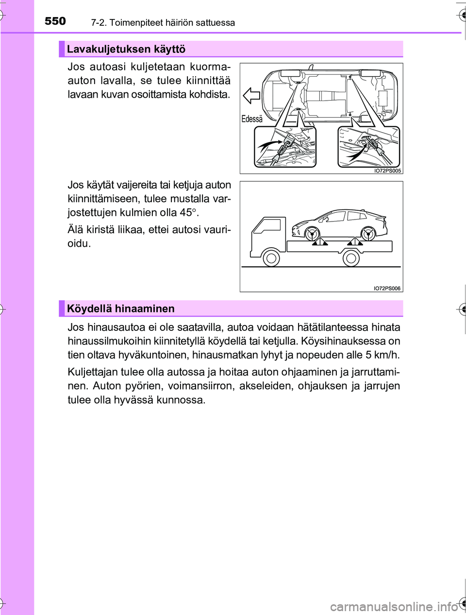TOYOTA PRIUS 2016  Omistajan Käsikirja (in Finnish) 5507-2. Toimenpiteet häiriön sattuessa
OM47A31FI
Jos autoasi kuljetetaan kuorma-
auton lavalla, se tulee kiinnittää
lavaan kuvan osoittamista kohdista.
Jos käytät vaijereita tai ketjuja auton
ki