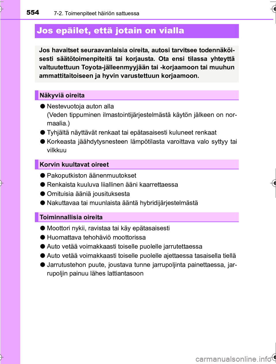 TOYOTA PRIUS 2016 Omistajan Käsikirja (in Finnish) 5547-2. Toimenpiteet häiriön sattuessa
OM47A31FI
Jos epäilet, että jotain on vialla
●Nestevuotoja auton alla
(Veden tippuminen ilmastointijärj estelmästä käytön jälkeen on nor-
maalia.)
TOYOTA PRIUS 2016 Omistajan Käsikirja (in Finnish) 5547-2. Toimenpiteet häiriön sattuessa
OM47A31FI
Jos epäilet, että jotain on vialla
●Nestevuotoja auton alla
(Veden tippuminen ilmastointijärj estelmästä käytön jälkeen on nor-
maalia.)
