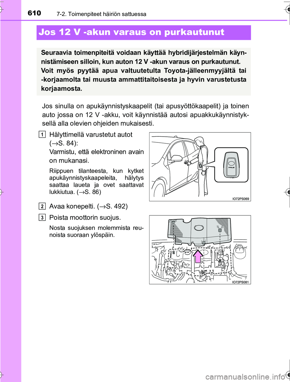 TOYOTA PRIUS 2016  Omistajan Käsikirja (in Finnish) 6107-2. Toimenpiteet häiriön sattuessa
OM47A31FI
Jos 12 V -akun varaus on purkautunut
Jos sinulla on apukäynnistyskaapelit (tai apusyöttökaapelit) ja toinen
auto jossa on 12 V -akku, voit käynni