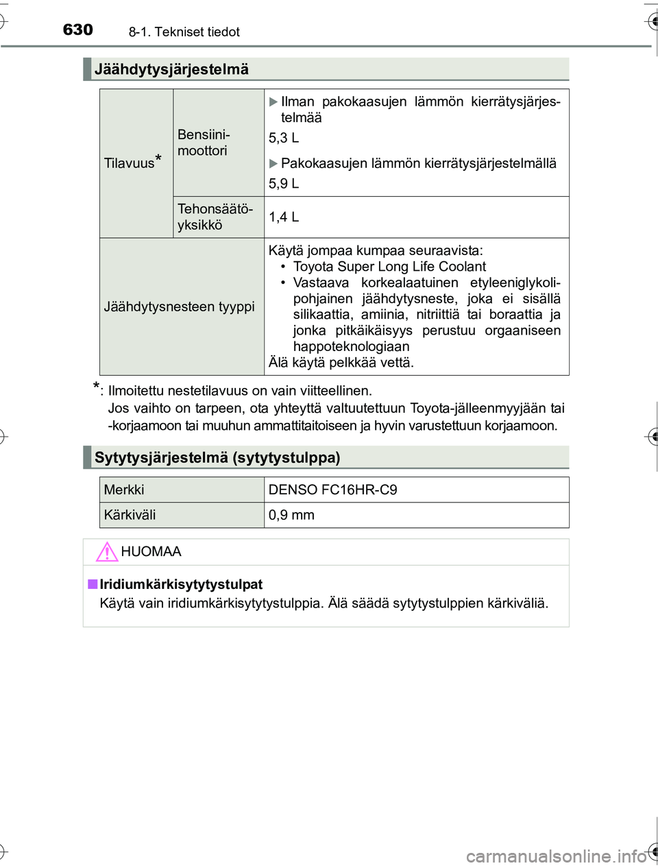 TOYOTA PRIUS 2016  Omistajan Käsikirja (in Finnish) 6308-1. Tekniset tiedot
OM47A31FI
*: Ilmoitettu nestetilavuus on vain viitteellinen.Jos vaihto on tarpeen, ota yhteyttä valtuutettuun Toyota-jälleenmyyjään tai
-korjaamoon tai muuhun ammattitaitoi