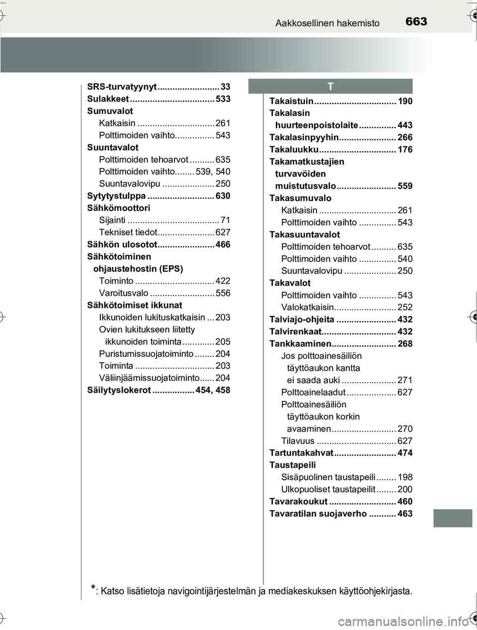 TOYOTA PRIUS 2016 Omistajan Käsikirja (in Finnish) 663Aakkosellinen hakemisto
OM47A31FI
SRS-turvatyynyt ......................... 33
Sulakkeet .................................. 533
SumuvalotKatkaisin ............................... 261
Polttimoiden v TOYOTA PRIUS 2016 Omistajan Käsikirja (in Finnish) 663Aakkosellinen hakemisto
OM47A31FI
SRS-turvatyynyt ......................... 33
Sulakkeet .................................. 533
SumuvalotKatkaisin ............................... 261
Polttimoiden v