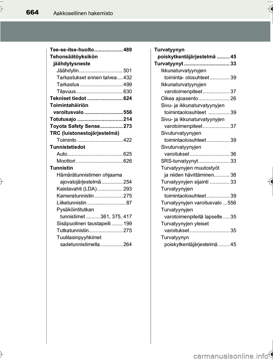 TOYOTA PRIUS 2016 Omistajan Käsikirja (in Finnish) 664Aakkosellinen hakemisto
OM47A31FI
Tee-se-itse-huolto .................... 489
Tehonsäätöyksikön jäähdytysneste Jäähdytin............................... 501
Tarkastukset ennen talvea .... 43 TOYOTA PRIUS 2016 Omistajan Käsikirja (in Finnish) 664Aakkosellinen hakemisto
OM47A31FI
Tee-se-itse-huolto .................... 489
Tehonsäätöyksikön jäähdytysneste Jäähdytin............................... 501
Tarkastukset ennen talvea .... 43