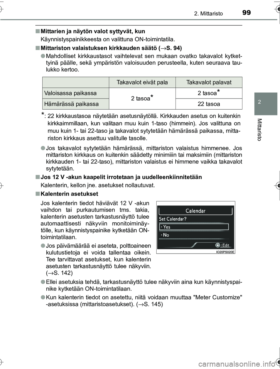 TOYOTA PRIUS 2016 Omistajan Käsikirja (in Finnish) 992. Mittaristo
2
Mittaristo
OM47A31FI
■Mittarien ja näytön valot syttyvät, kun
Käynnistyspainikkeesta on valittuna ON-toimintatila.
■ Mittariston valaistuksen kirkkauden säätö ( →S. 94)
TOYOTA PRIUS 2016 Omistajan Käsikirja (in Finnish) 992. Mittaristo
2
Mittaristo
OM47A31FI
■Mittarien ja näytön valot syttyvät, kun
Käynnistyspainikkeesta on valittuna ON-toimintatila.
■ Mittariston valaistuksen kirkkauden säätö ( →S. 94)