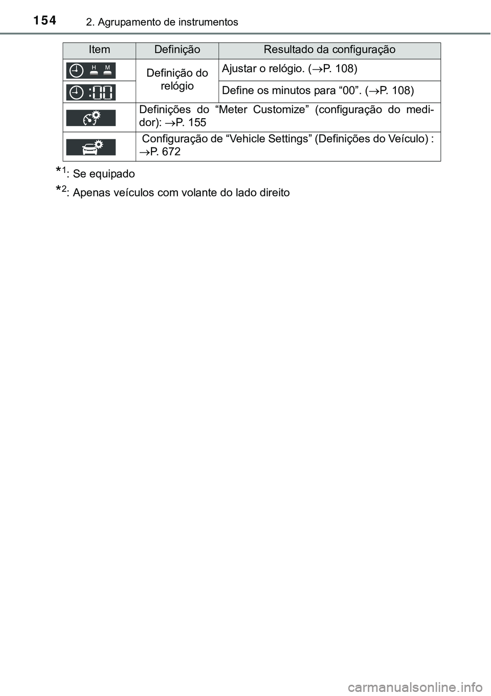 TOYOTA PRIUS 2015  Manual de utilização (in Portuguese) 1542. Agrupamento de instrumentos
*1: Se equipado
*2: Apenas veículos com volante do lado direito
Definição do 
relógioAjustar o relógio. (P. 108)
Define os minutos para “00”. (P. 108)
