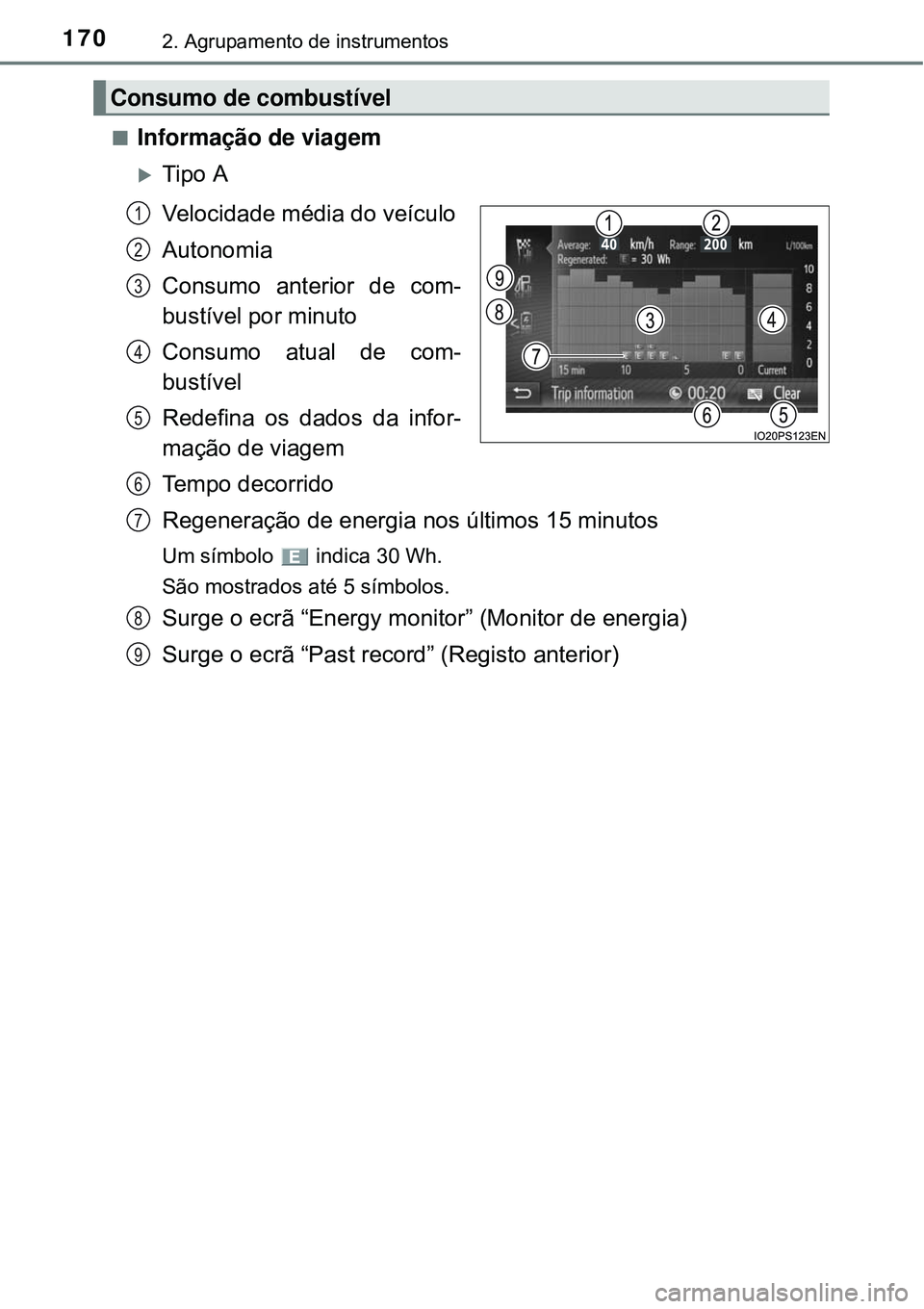 TOYOTA PRIUS 2015  Manual de utilização (in Portuguese) 1702. Agrupamento de instrumentos
nInformação de viagem
Tipo A
Velocidade média do veículo
Autonomia
Consumo anterior de com-
bustível por minuto
Consumo atual de com-
bustível
Redefina os da