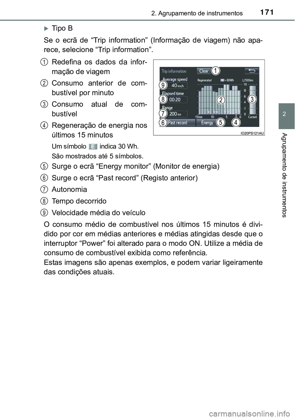 TOYOTA PRIUS 2015  Manual de utilização (in Portuguese) 1712. Agrupamento de instrumentos
2
Agrupamento de instrumentos
Tipo B
Se o ecrã de “Trip information” (Informação de viagem) não apa-
rece, selecione “Trip information”.
Redefina os da