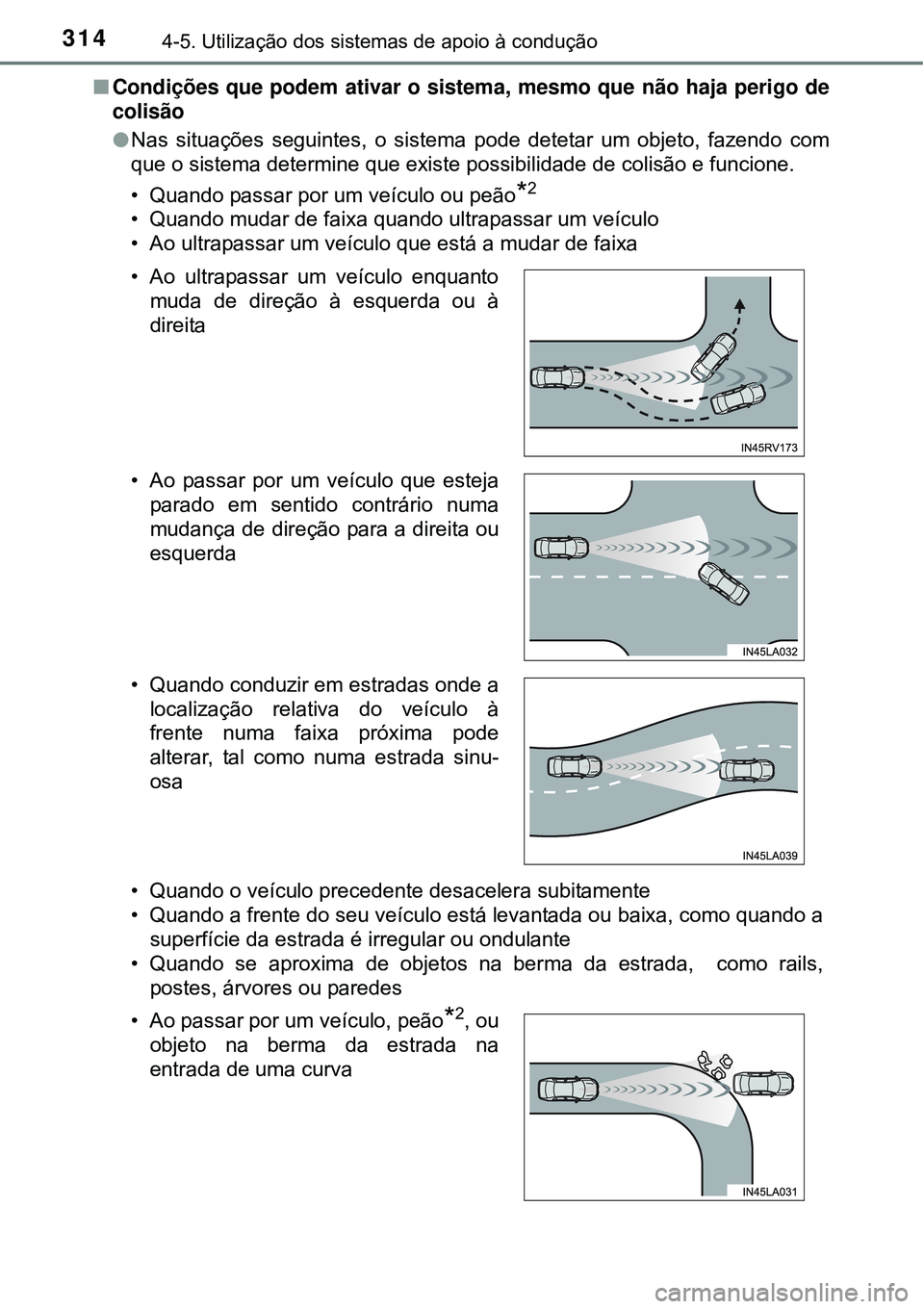 TOYOTA PRIUS 2015 Manual de utilização (in Portuguese) 3144-5. Utilização dos sistemas de apoio à condução
nCondições que podem ativar o sistema, mesmo que não haja perigo de
colisão
lNas situações seguintes, o sistema pode detetar um objeto, f TOYOTA PRIUS 2015 Manual de utilização (in Portuguese) 3144-5. Utilização dos sistemas de apoio à condução
nCondições que podem ativar o sistema, mesmo que não haja perigo de
colisão
lNas situações seguintes, o sistema pode detetar um objeto, f