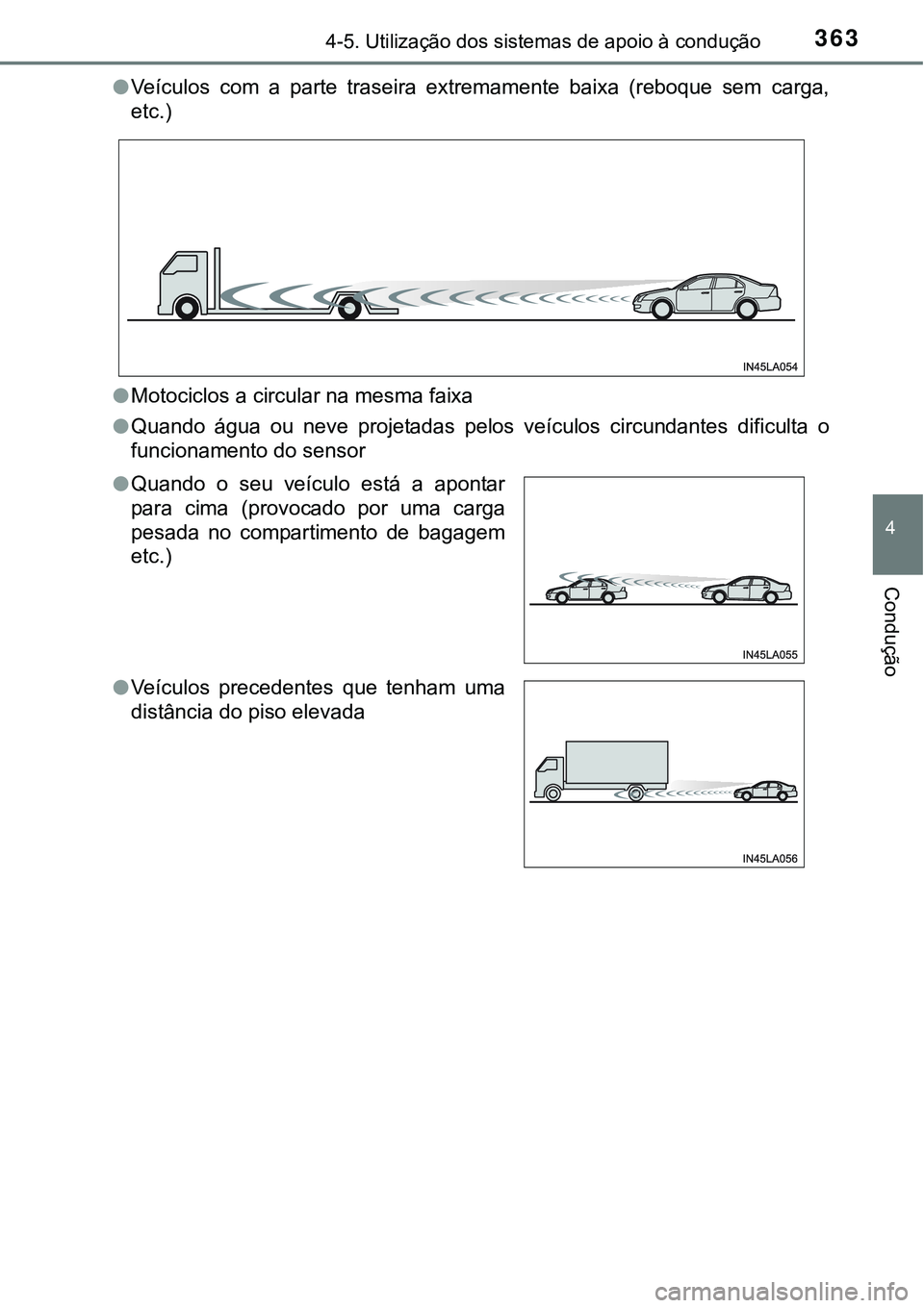TOYOTA PRIUS 2015  Manual de utilização (in Portuguese) 3634-5. Utilização dos sistemas de apoio à condução
4
Condução
lVeículos com a parte traseira extremamente baixa (reboque sem carga,
etc.)
lMotociclos a circular na mesma faixa
lQuando água o