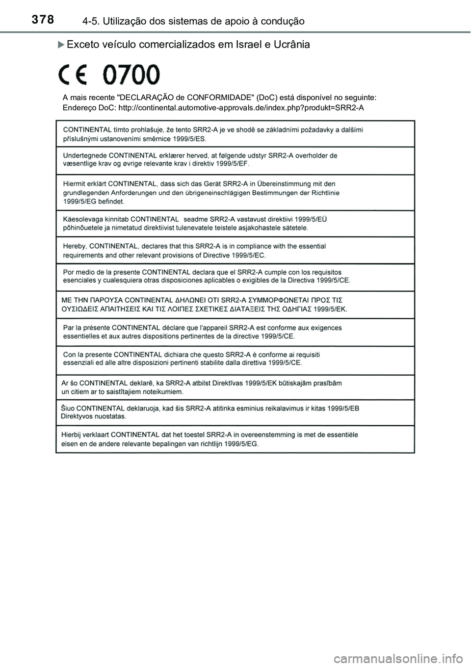 TOYOTA PRIUS 2015  Manual de utilização (in Portuguese) 3784-5. Utilização dos sistemas de apoio à condução
Exceto veículo comercializados em Israel e Ucrânia
A mais recente "DECLARAÇÃO de CONFORMIDADE" (DoC) está disponível no seguinte:
Ende