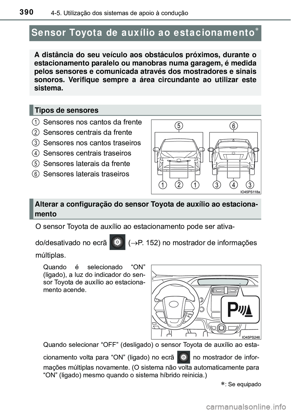 TOYOTA PRIUS 2015 Manual de utilização (in Portuguese) 3904-5. Utilização dos sistemas de apoio à condução
Sensor Toyota de auxílio ao estacionamento
Sensores nos cantos da frente
Sensores centrais da frente
Sensores nos cantos traseiros
Sensores TOYOTA PRIUS 2015 Manual de utilização (in Portuguese) 3904-5. Utilização dos sistemas de apoio à condução
Sensor Toyota de auxílio ao estacionamento
Sensores nos cantos da frente
Sensores centrais da frente
Sensores nos cantos traseiros
Sensores