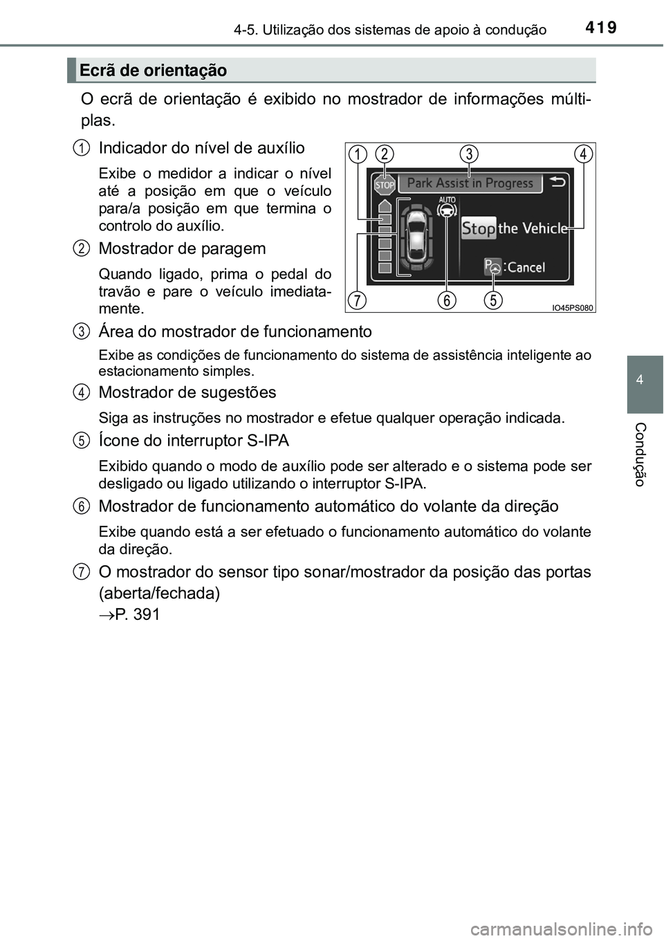 TOYOTA PRIUS 2015  Manual de utilização (in Portuguese) 4194-5. Utilização dos sistemas de apoio à condução
4
Condução
O ecrã de orientação é exibido no mostrador de informações múlti-
plas.
Indicador do nível de auxílio
Exibe o medidor a i