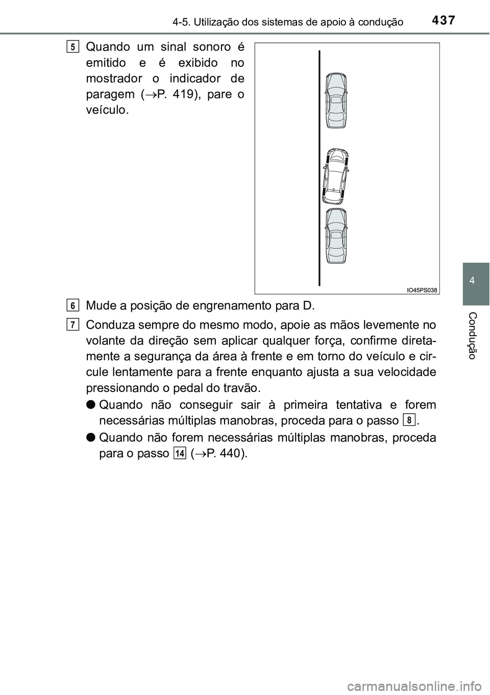 TOYOTA PRIUS 2015  Manual de utilização (in Portuguese) 4374-5. Utilização dos sistemas de apoio à condução
4
Condução
Quando um sinal sonoro é
emitido e é exibido no
mostrador o indicador de
paragem (P. 419), pare o
veículo.
Mude a posição 