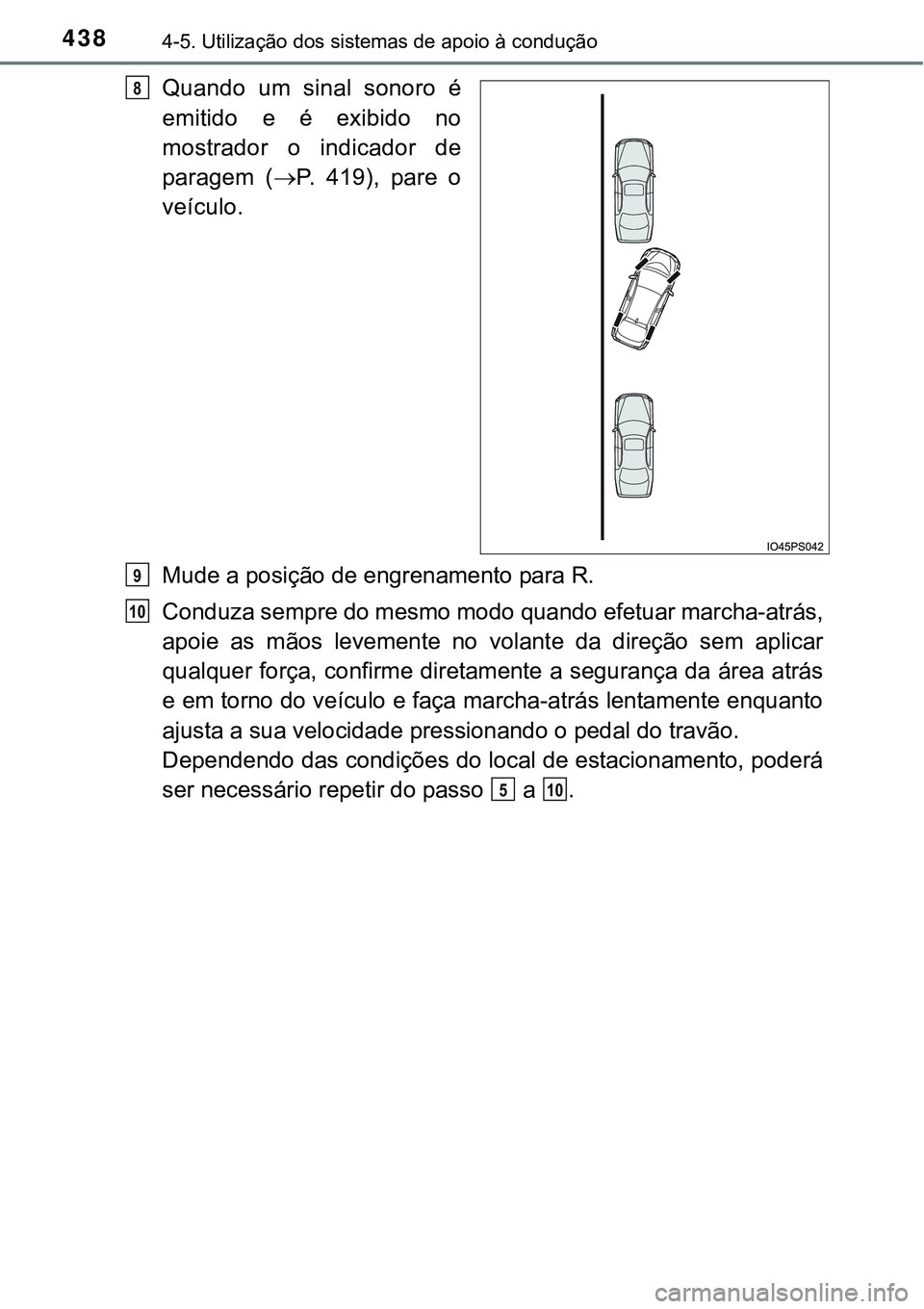 TOYOTA PRIUS 2015  Manual de utilização (in Portuguese) 4384-5. Utilização dos sistemas de apoio à condução
Quando um sinal sonoro é
emitido e é exibido no
mostrador o indicador de
paragem (P. 419), pare o
veículo.
Mude a posição de engrenamen