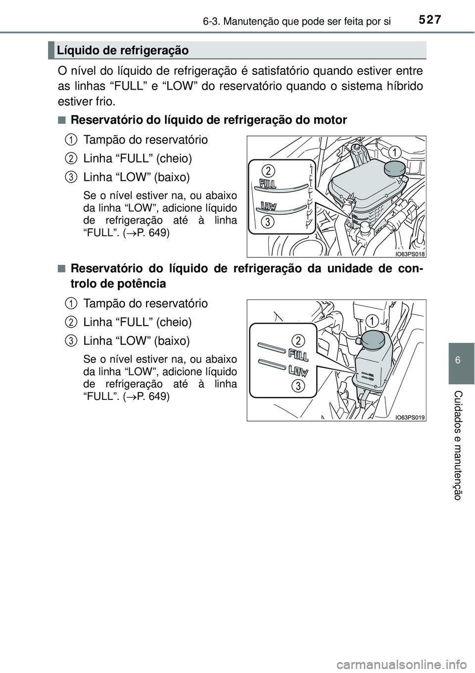 TOYOTA PRIUS 2015  Manual de utilização (in Portuguese) 5276-3. Manutenção que pode ser feita por si
6
Cuidados e manutenção
O nível do líquido de refrigeração é satisfatório quando estiver entre
as linhas “FULL” e “LOW” do reservatório 
