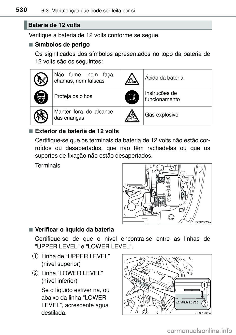 TOYOTA PRIUS 2015  Manual de utilização (in Portuguese) 5306-3. Manutenção que pode ser feita por si
Verifique a bateria de 12 volts conforme se segue.
nSímbolos de perigo
Os significados dos símbolos apresentados no topo da bateria de
12 volts são os