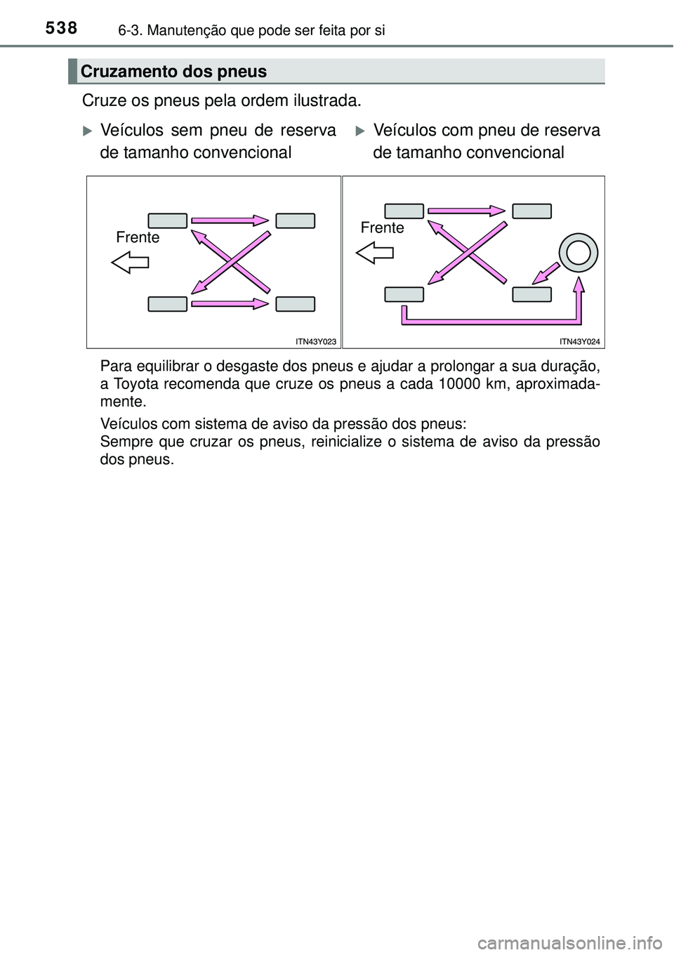 TOYOTA PRIUS 2015  Manual de utilização (in Portuguese) 5386-3. Manutenção que pode ser feita por si
Cruze os pneus pela ordem ilustrada.
Para equilibrar o desgaste dos pneus e ajudar a prolongar a sua duração,
a Toyota recomenda que cruze os pneus a c