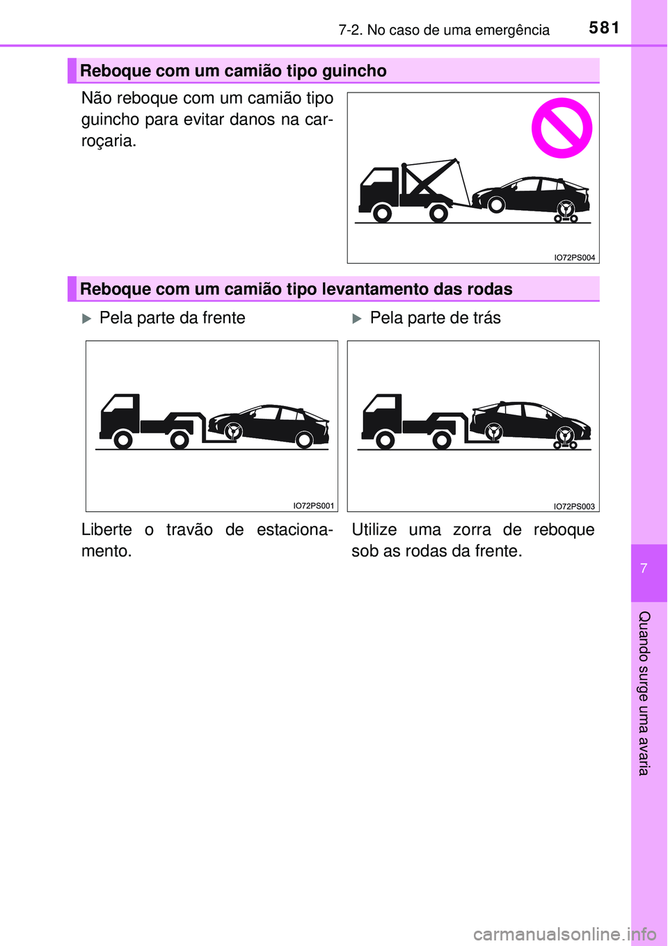 TOYOTA PRIUS 2015  Manual de utilização (in Portuguese) 5817-2. No caso de uma emergência
7
Quando surge uma avaria
Não reboque com um camião tipo
guincho para evitar danos na car-
roçaria.
Reboque com um camião tipo guincho
Reboque com um camião tip