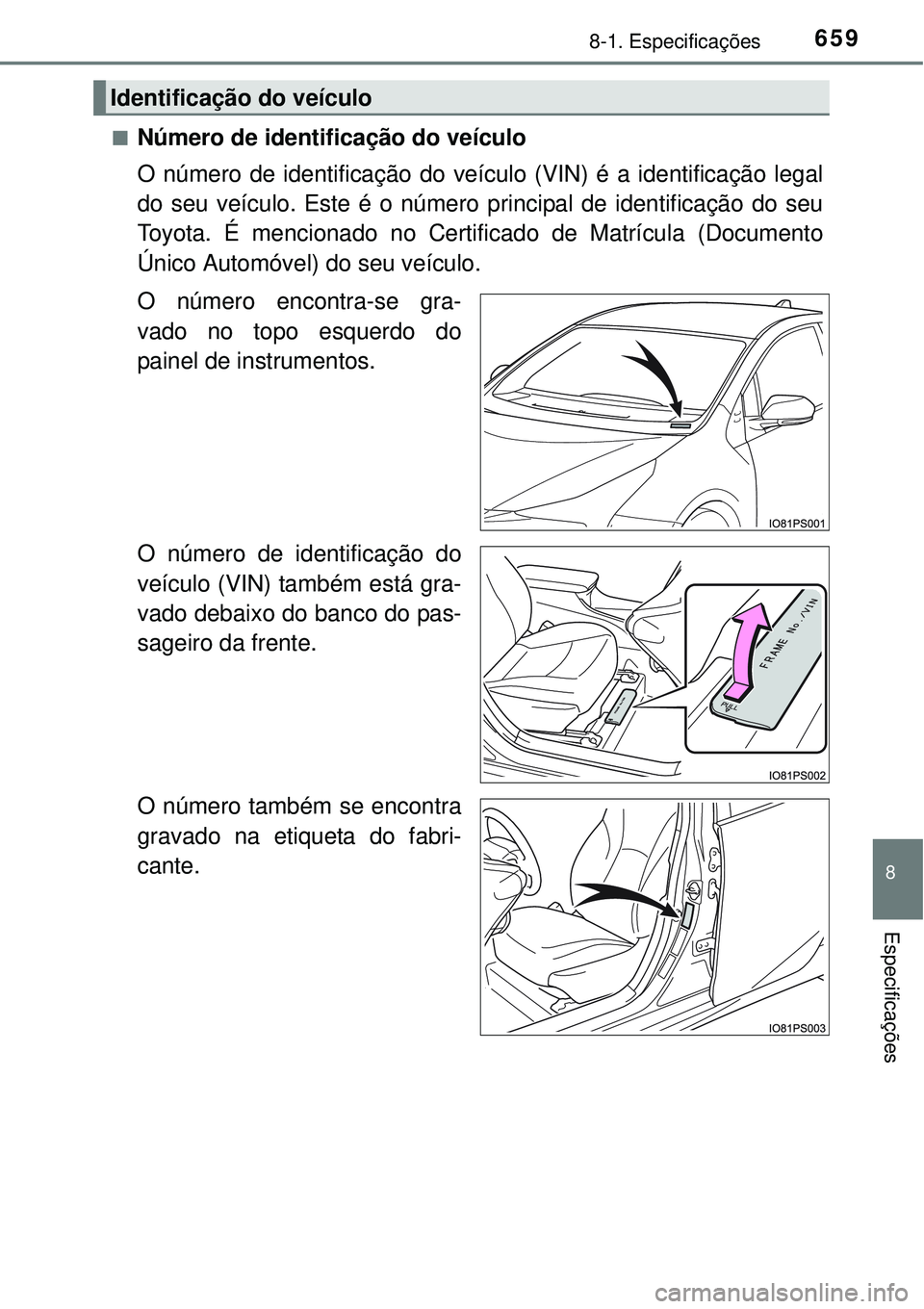 TOYOTA PRIUS 2015  Manual de utilização (in Portuguese) 6598-1. Especificações
8
Especificações
nNúmero de identificação do veículo
O número de identificação do veículo (VIN) é a identificação legal
do seu veículo. Este é o número princip