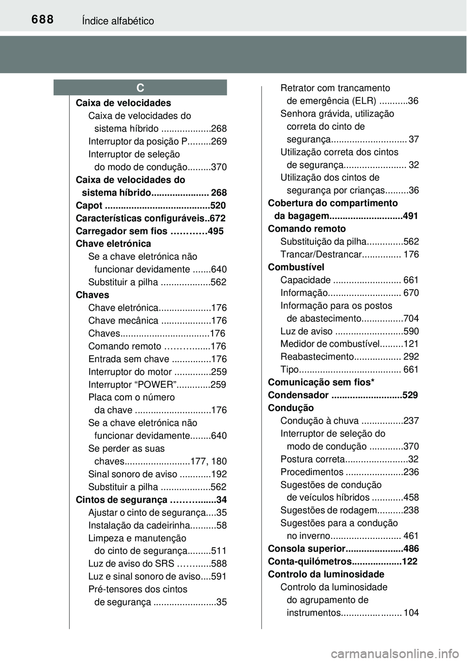 TOYOTA PRIUS 2015 Manual de utilização (in Portuguese) 688Índice alfabético
Caixa de velocidades
Caixa de velocidades do
sistema híbrido ...................268
Interruptor da posição P.........269
Interruptor de seleção
do modo de condução..... TOYOTA PRIUS 2015 Manual de utilização (in Portuguese) 688Índice alfabético
Caixa de velocidades
Caixa de velocidades do
sistema híbrido ...................268
Interruptor da posição P.........269
Interruptor de seleção
do modo de condução.....