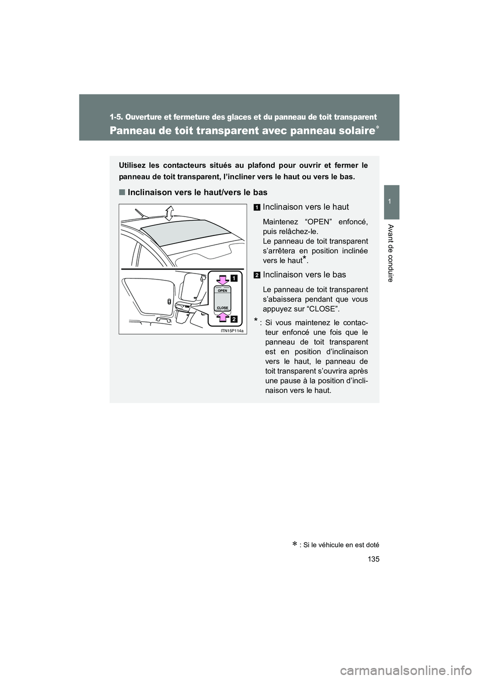 TOYOTA PRIUS 2014  Manuel du propriétaire (in French) 135
1
1-5. Ouverture et fermeture des glaces et du panneau de toit transparent
Avant de conduire
PRIUS_OM_OM47859D_(D)
Panneau de toit transparent avec panneau solaire∗
∗ : Si le véhicule en est 