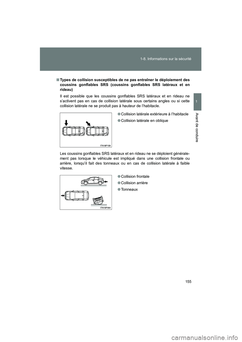 TOYOTA PRIUS 2014  Manuel du propriétaire (in French) 155
1-8. Informations sur la sécurité
1
Avant de conduire
PRIUS_OM_OM47859D_(D)
■
Types de collision susceptibles de ne pas entraîner le déploiement des
coussins gonflables SRS (coussins gonflab