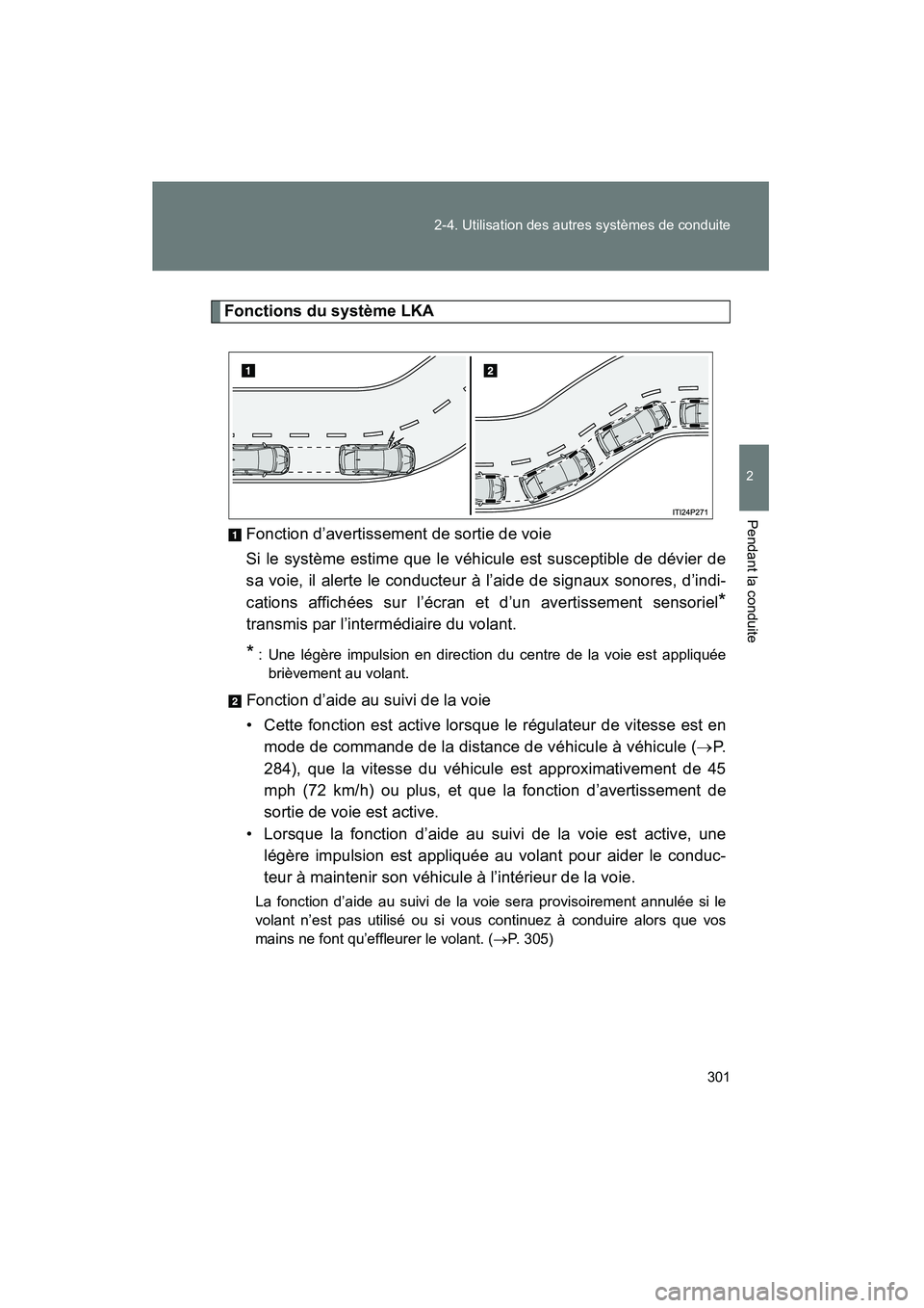 TOYOTA PRIUS 2014 Manuel du propriétaire (in French) 301
2-4. Utilisation des autres systèmes de conduite
PRIUS_OM_OM47859D_(D)
2
Pendant la conduite
Fonctions du système LKA
Fonction d’avertissement de sortie de voie
Si le système estime que le v TOYOTA PRIUS 2014 Manuel du propriétaire (in French) 301
2-4. Utilisation des autres systèmes de conduite
PRIUS_OM_OM47859D_(D)
2
Pendant la conduite
Fonctions du système LKA
Fonction d’avertissement de sortie de voie
Si le système estime que le v