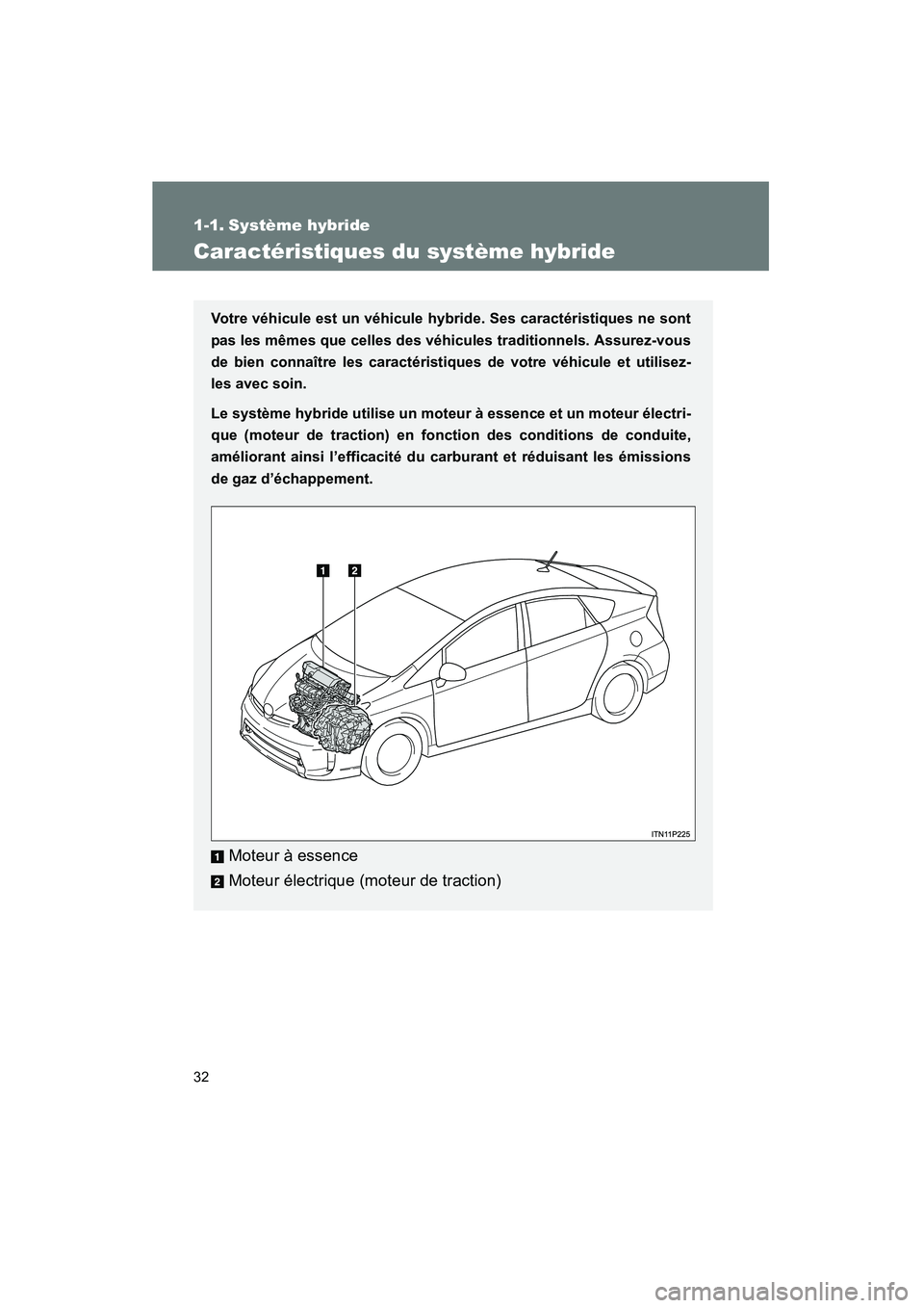 TOYOTA PRIUS 2014  Manuel du propriétaire (in French) 32
PRIUS_OM_OM47859D_(D)
1-1. Système hybride
Caractéristiques du système hybride
Votre véhicule est un véhicule hybride. Ses caractéristiques ne sont
pas les mêmes que celles des véhicules tr