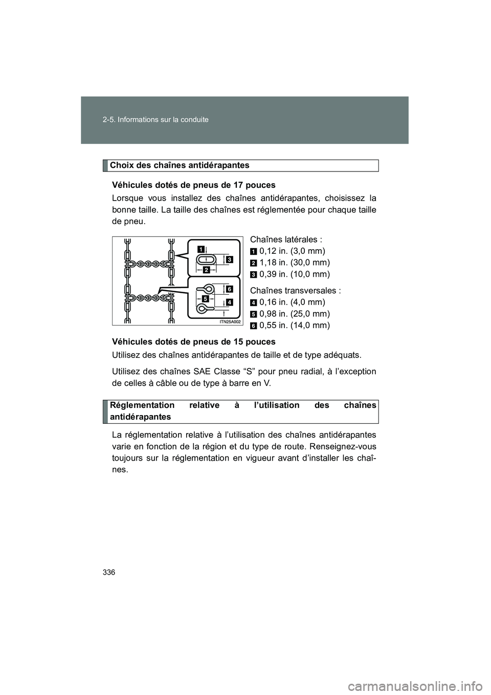 TOYOTA PRIUS 2014  Manuel du propriétaire (in French) 336 2-5. Informations sur la conduite
PRIUS_OM_OM47859D_(D)
Choix des chaînes antidérapantesVéhicules dotés de pneus de 17 pouces
Lorsque vous installez des chaînes antidérapantes, choisissez la