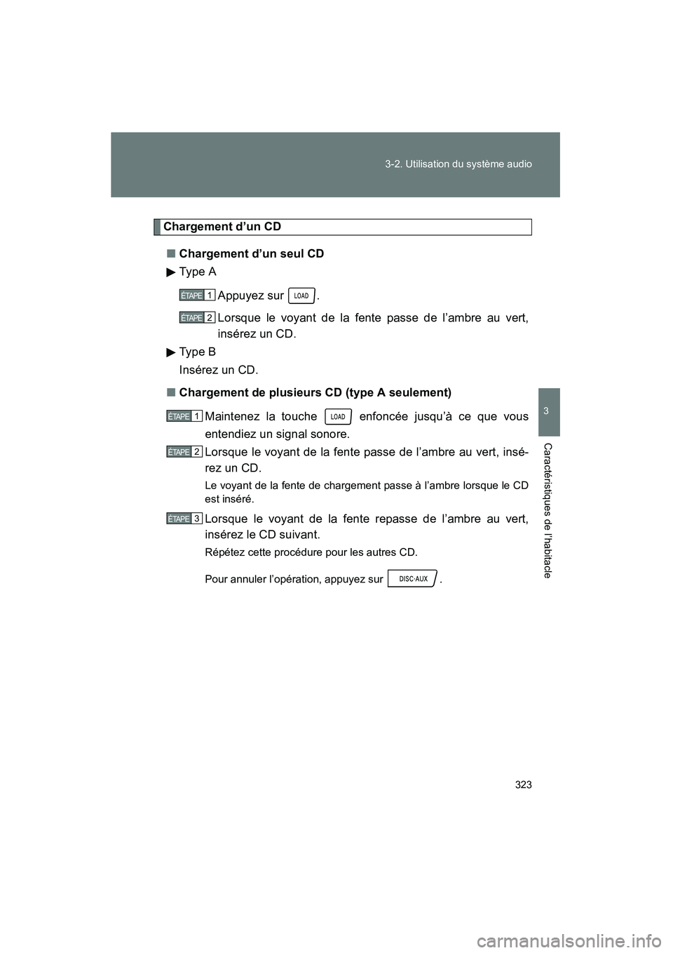 TOYOTA PRIUS 2011  Manuel du propriétaire (in French) 323
3-2. Utilisation du système audio
3
Caractéristiques de l’habitacle
PRIUS_D (OM47697D)
Chargement d’un CD
■ Chargement d’un seul CD
Type A
Appuyez sur  .
Lorsque le voyant de la fente pa