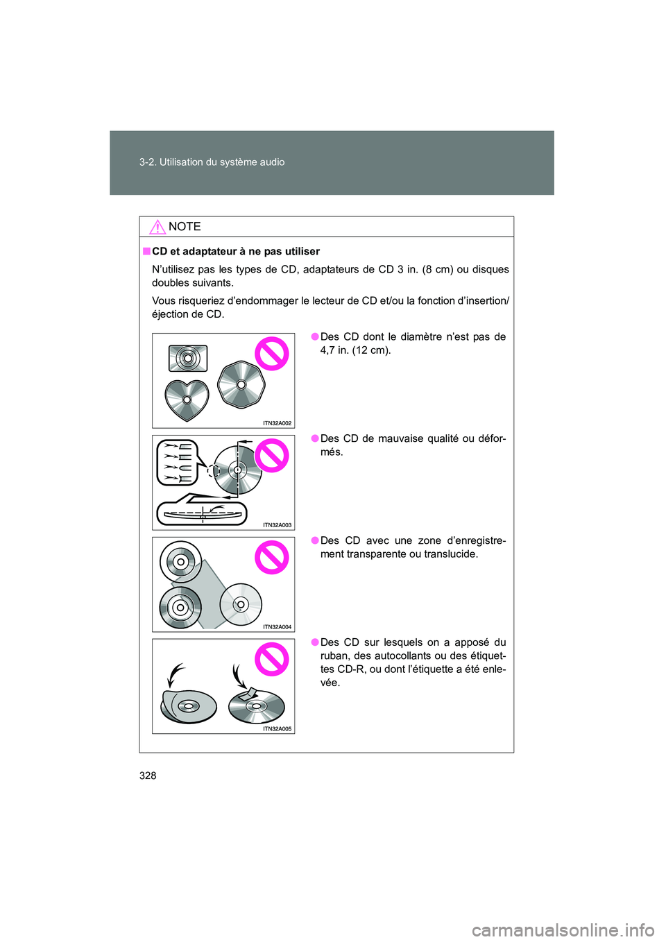 TOYOTA PRIUS 2011  Manuel du propriétaire (in French) 328 3-2. Utilisation du système audio
PRIUS_D (OM47697D)
NOTE
■CD et adaptateur à ne pas utiliser
N’utilisez pas les types de CD, adaptateurs de CD 3 in. (8 cm) ou disques
doubles suivants.
Vous