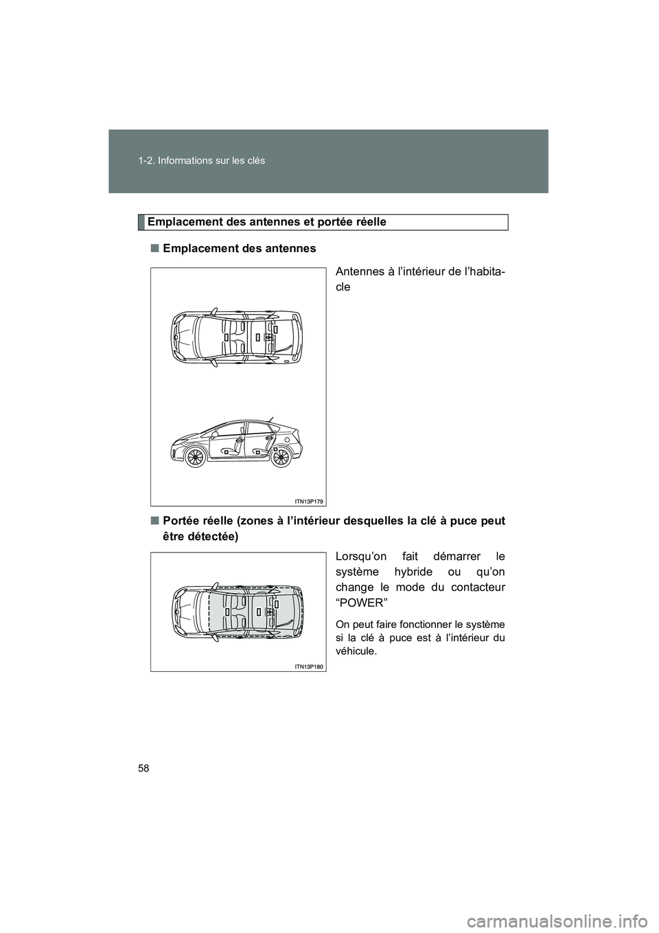 TOYOTA PRIUS 2011  Manuel du propriétaire (in French) 58 1-2. Informations sur les clés
PRIUS_D (OM47697D)
Emplacement des antennes et portée réelle■ Emplacement des antennes
Antennes à l’intérieur de l’habita-
cle
■ Portée réelle (zones 
