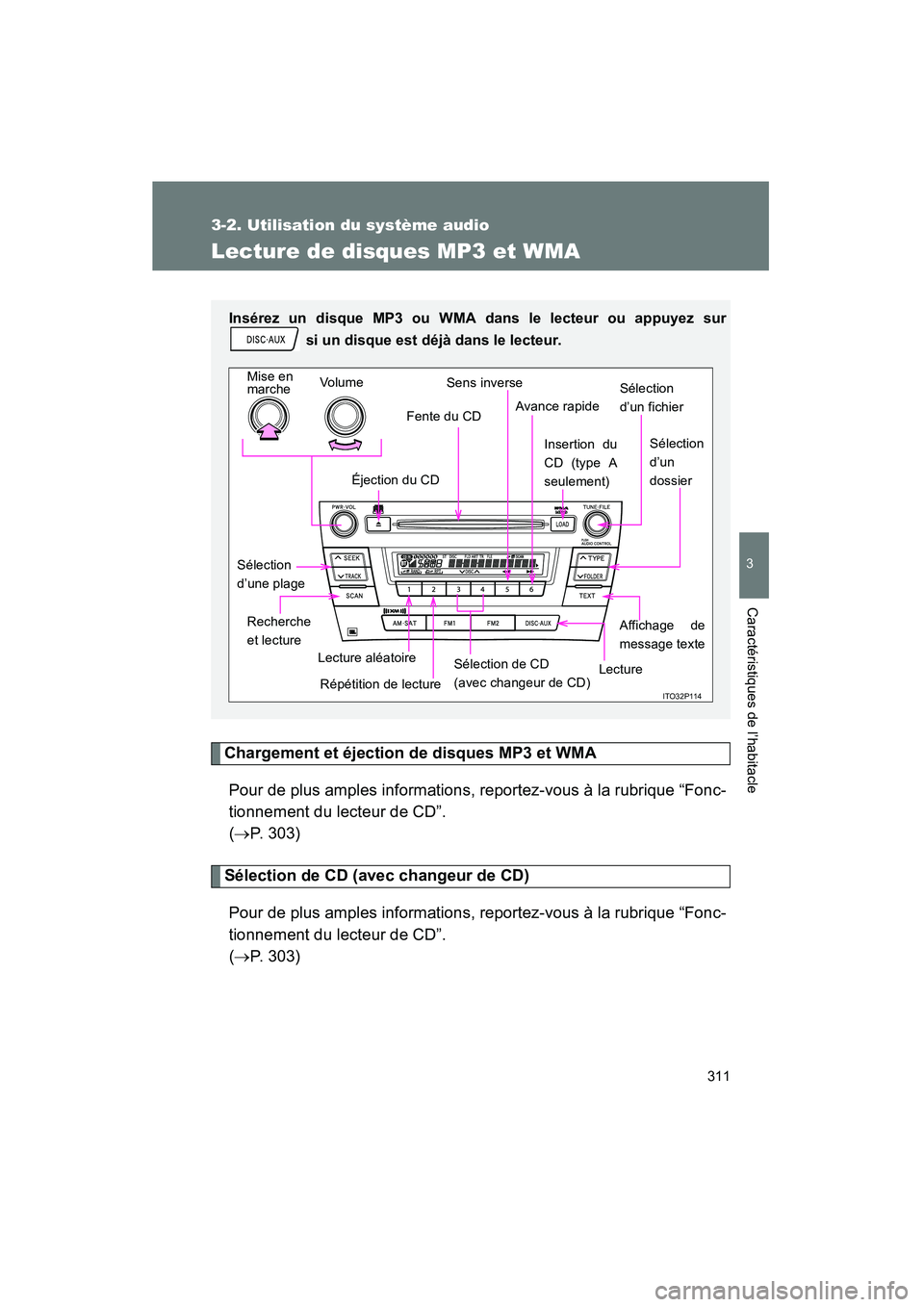 TOYOTA PRIUS 2010  Manuel du propriétaire (in French) 311
3-2. Utilisation du système audio
3
Caractéristiques de l’habitacle
PRIUS_D (OM47670D)
Lecture de disques MP3 et WMA
Chargement et éjection de disques MP3 et WMAPour de plus amples informatio