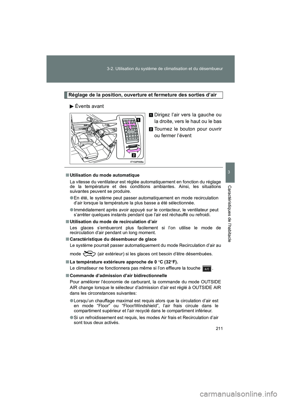 TOYOTA PRIUS 2009 Manuel du propriétaire (in French) 211
3-2. Utilisation du système de climatisation et du désembueur
3
Caractéristiques de l’habitacle
PRIUS_D_(OM47614D)
Réglage de la position, ouverture et fermeture des sorties d’air
Évents TOYOTA PRIUS 2009 Manuel du propriétaire (in French) 211
3-2. Utilisation du système de climatisation et du désembueur
3
Caractéristiques de l’habitacle
PRIUS_D_(OM47614D)
Réglage de la position, ouverture et fermeture des sorties d’air
Évents