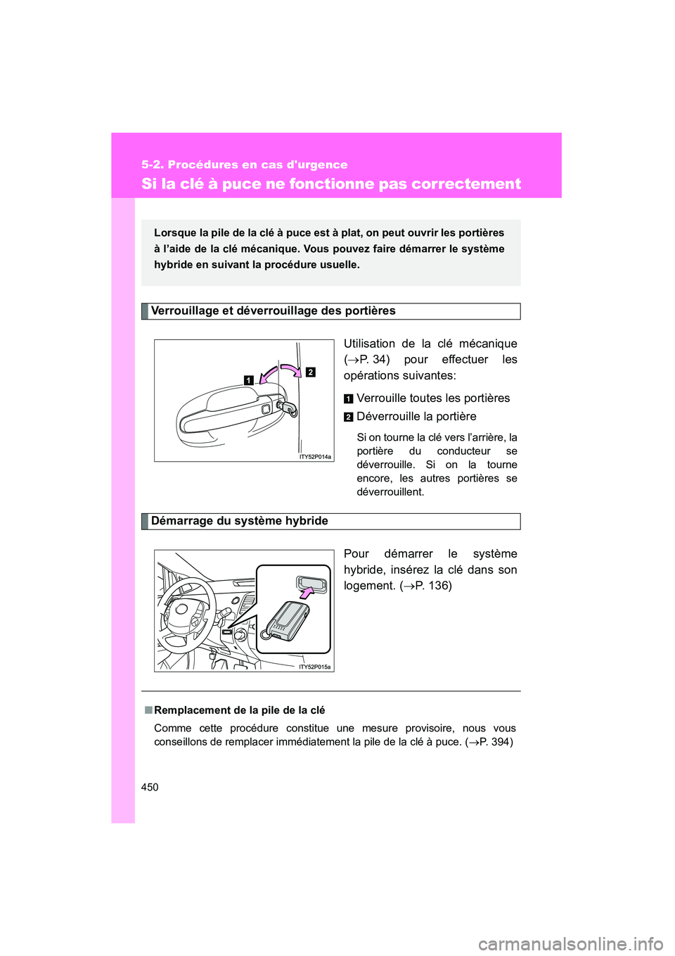 TOYOTA PRIUS 2009  Manuel du propriétaire (in French) 450
5-2. Procédures en cas durgence
PRIUS_D_(OM47614D)
Si la clé à puce ne fonctionne pas correctement
Verrouillage et déverrouillage des portièresUtilisation de la clé mécanique
(→P. 34) po