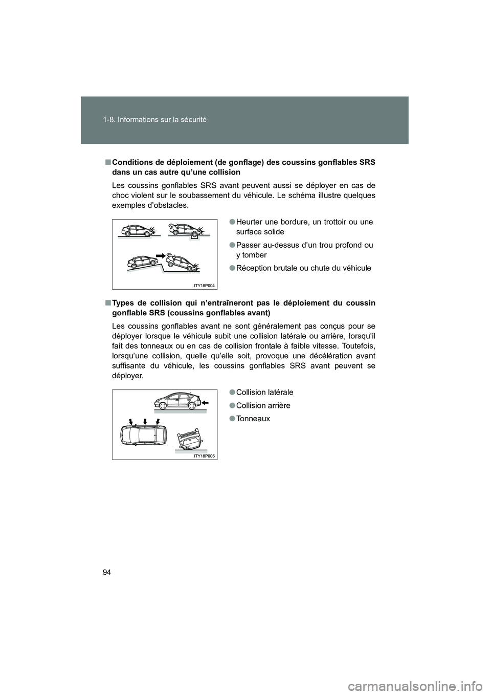 TOYOTA PRIUS 2009  Manuel du propriétaire (in French) 94 1-8. Informations sur la sécurité
PRIUS_D_(OM47614D)
■Conditions de déploiement (de gonflage) des coussins gonflables SRS
dans un cas autre qu’une collision
Les coussins gonflables SRS avant
