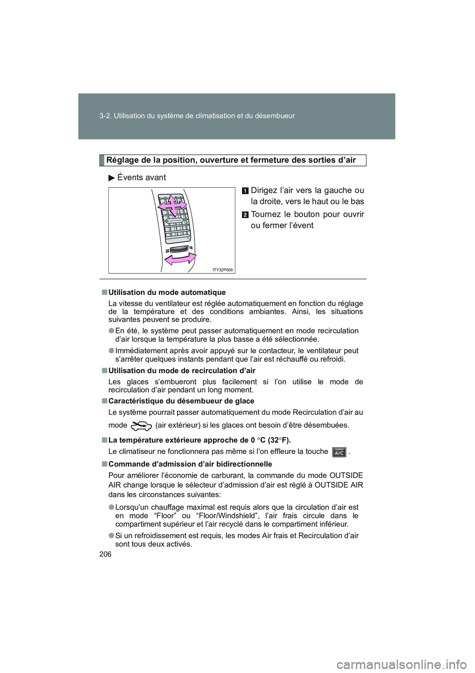 TOYOTA PRIUS 2008 Manuel du propriétaire (in French) 206 3-2. Utilisation du système de climatisation et du désembueur
PRIUS_D_(L/O_0708)
Réglage de la position, ouverture et fermeture des sorties d’airÉvents avant Dirigez l’air vers la gauche o TOYOTA PRIUS 2008 Manuel du propriétaire (in French) 206 3-2. Utilisation du système de climatisation et du désembueur
PRIUS_D_(L/O_0708)
Réglage de la position, ouverture et fermeture des sorties d’airÉvents avant Dirigez l’air vers la gauche o