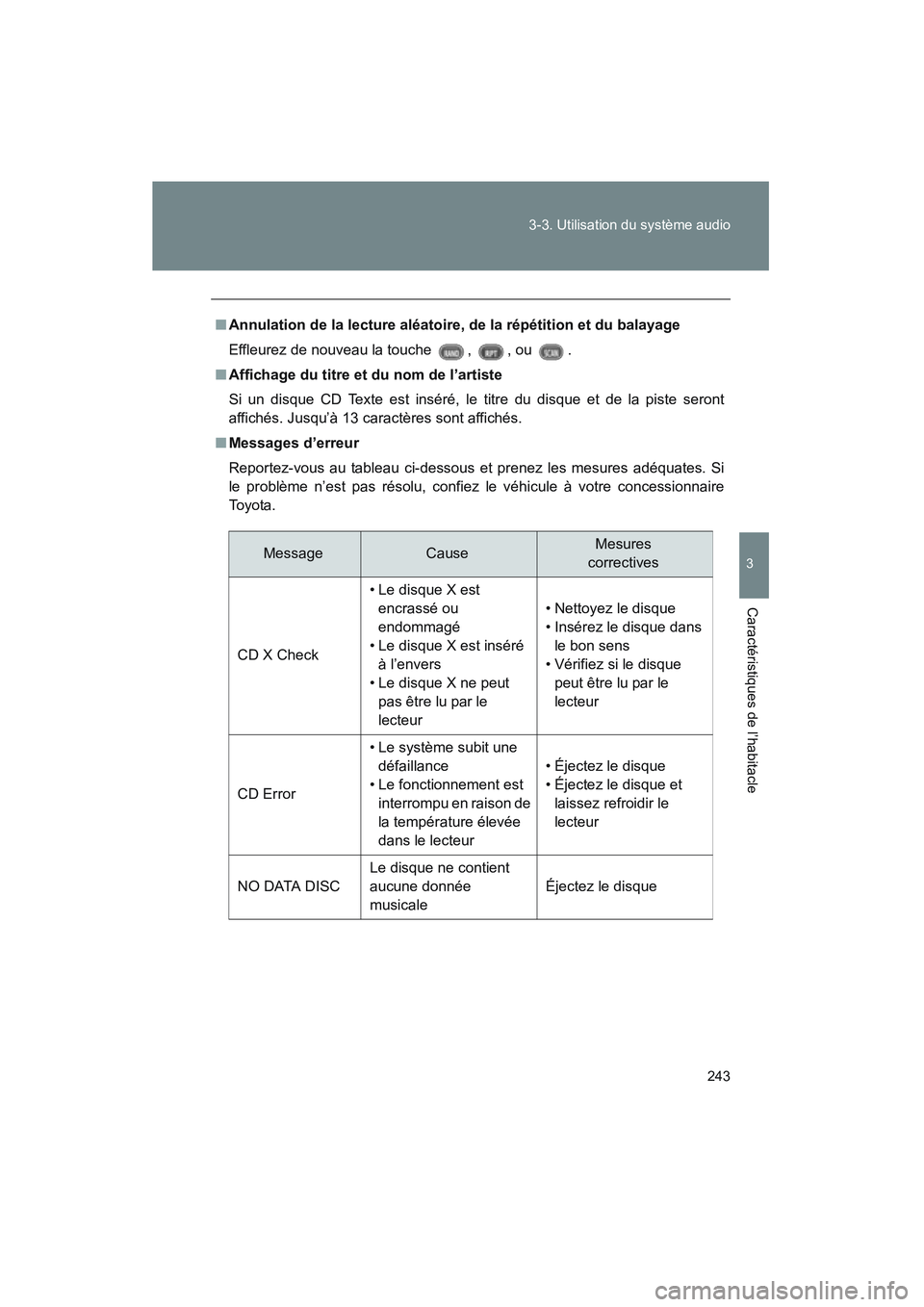 TOYOTA PRIUS 2008 Manuel du propriétaire (in French) 243
3-3. Utilisation du système audio
3
Caractéristiques de l’habitacle
PRIUS_D_(L/O_0708)
■
Annulation de la lecture aléatoire, de la répétition et du balayage
Effleurez de nouveau la touche TOYOTA PRIUS 2008 Manuel du propriétaire (in French) 243
3-3. Utilisation du système audio
3
Caractéristiques de l’habitacle
PRIUS_D_(L/O_0708)
■
Annulation de la lecture aléatoire, de la répétition et du balayage
Effleurez de nouveau la touche