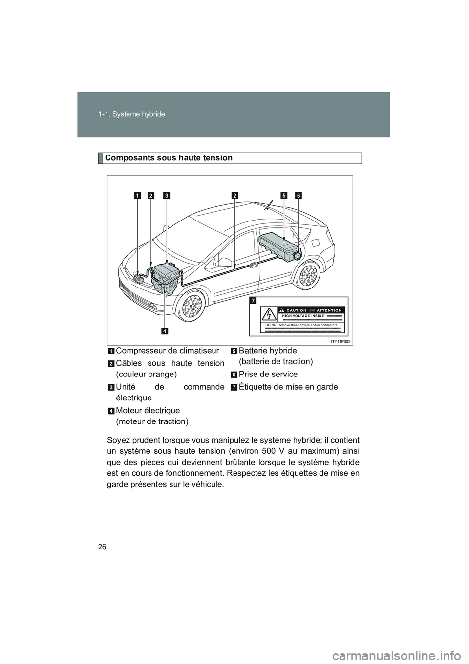 TOYOTA PRIUS 2008  Manuel du propriétaire (in French) 26 1-1. Système hybride
PRIUS_D_(L/O_0708)
Composants sous haute tensionSoyez prudent lorsque vous manipulez le système hybride; il contient
un système sous haute tension (environ 500 V au maximum)