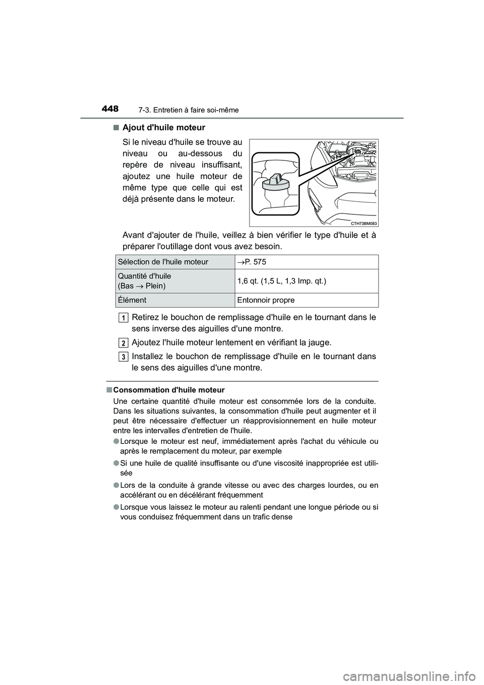 TOYOTA PRIUS C 2018  Manuel du propriétaire (in French) 4487-3. Entretien à faire soi-même
PRIUS c_D (OM52G95D) 
■Ajout dhuile moteur 
Si le niveau dhuile se trouve au 
niveau ou au-dessous du 
repère de niveau insuffisant,
ajoutez une huile moteur 