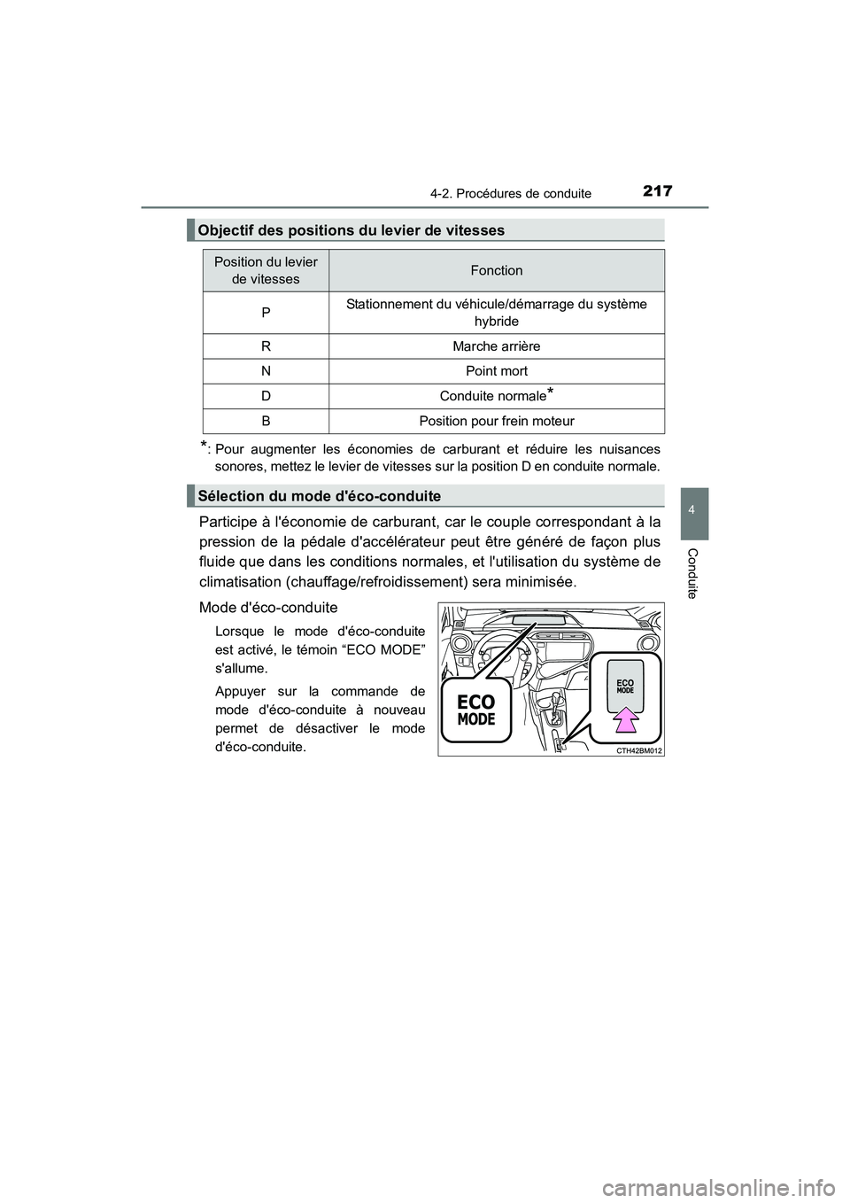 TOYOTA PRIUS C 2016  Manuel du propriétaire (in French) 2174-2. Procédures de conduite
4
Conduite
PRIUS c_D (OM52F96D)
*: Pour augmenter les économies de carburant et réduire les nuisancessonores, mettez le levier de vitesses sur la position D en condui