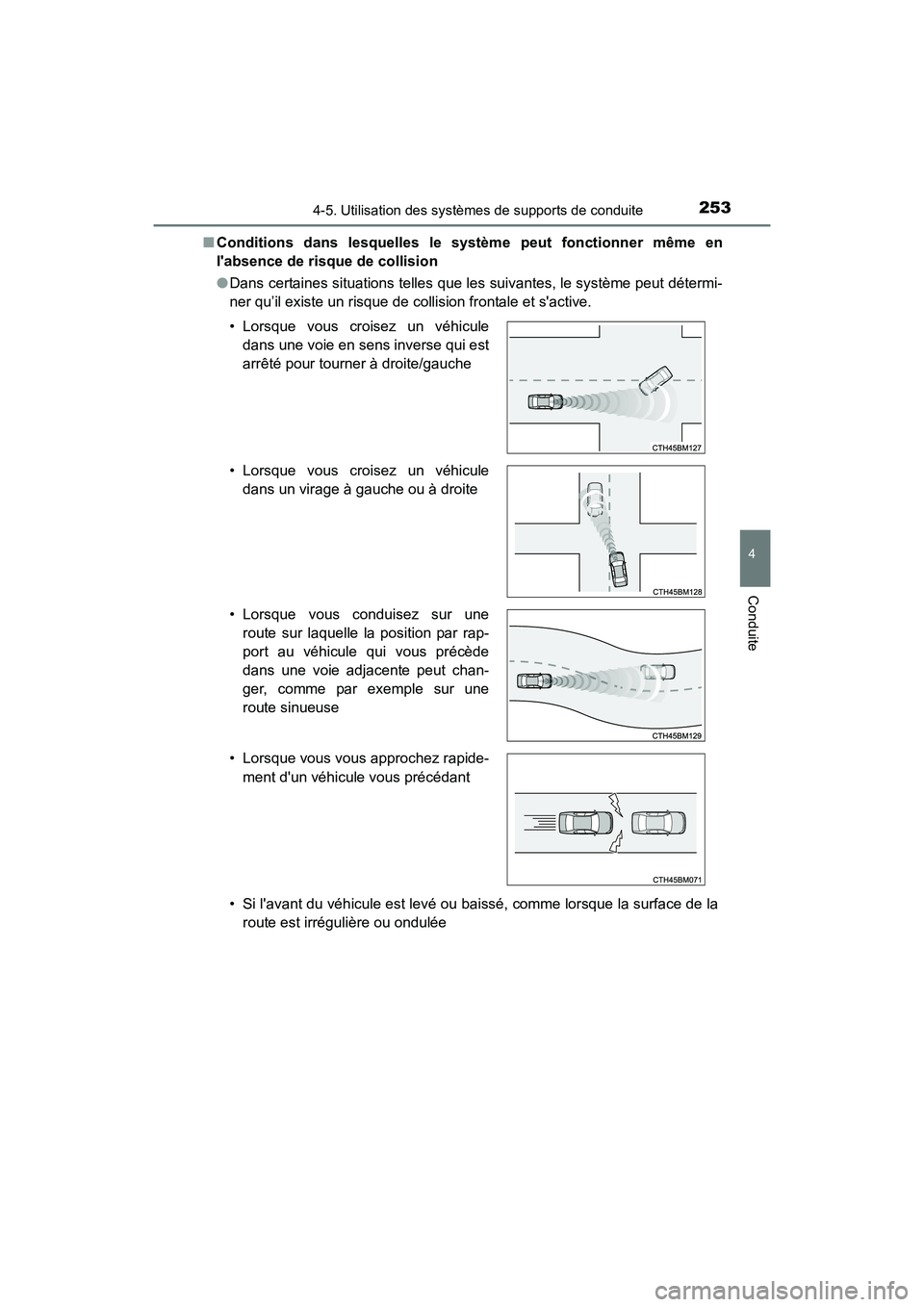TOYOTA PRIUS C 2016  Manuel du propriétaire (in French) 2534-5. Utilisation des systèmes de supports de conduite
4
Conduite
PRIUS c_D (OM52F96D)■
Conditions dans lesquelles le système peut fonctionner même en
labsence de risque de collision
●Dans c