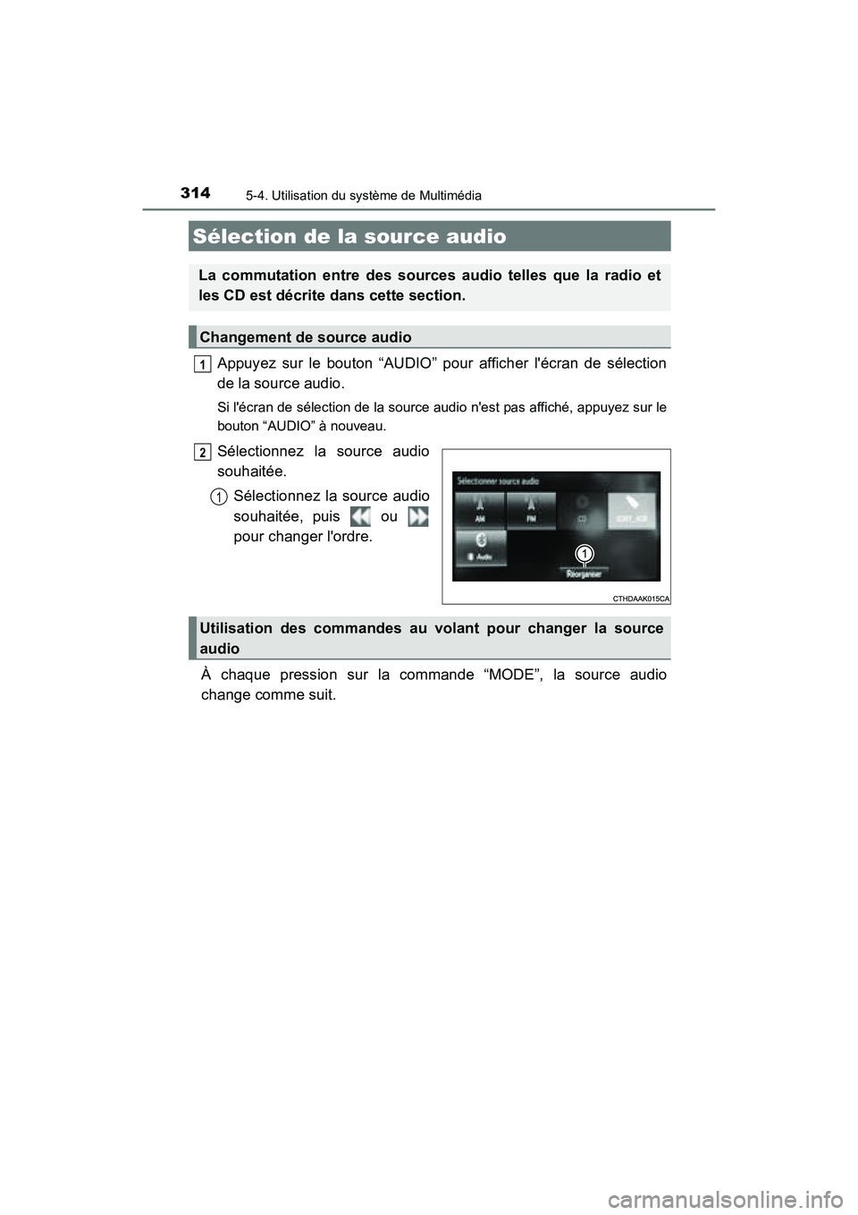 TOYOTA PRIUS C 2016  Manuel du propriétaire (in French) 314
PRIUS c_D (OM52F96D)
5-4. Utilisation du système de Multimédia
Appuyez sur le bouton “AUDIO” pour afficher lécran de sélection
de la source audio.
Si lécran de sélection de la source a