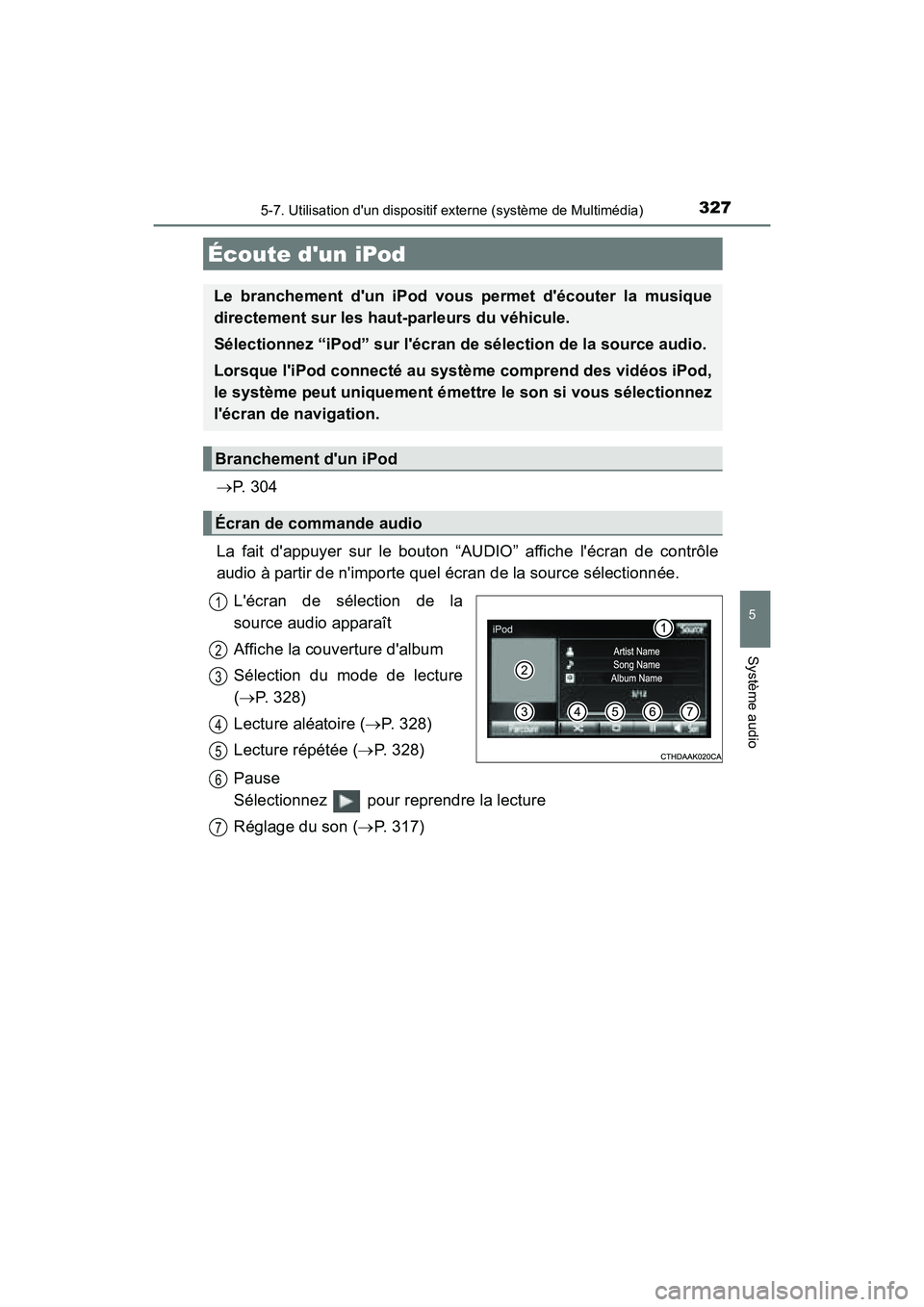TOYOTA PRIUS C 2016  Manuel du propriétaire (in French) 327
5
Système audio
PRIUS c_D (OM52F96D)
5-7. Utilisation dun dispositif externe (système de Multimédia)
→P.  3 0 4
La fait dappuyer sur le bouton “AUDIO” affiche lécran de contrôle
audi