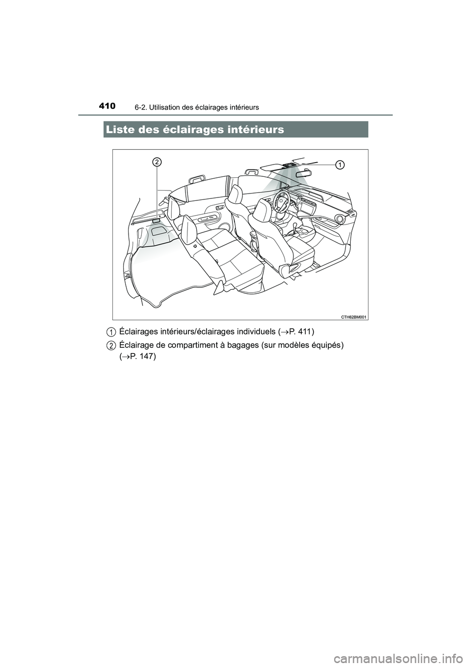 TOYOTA PRIUS C 2016  Manuel du propriétaire (in French) 410
PRIUS c_D (OM52F96D)
6-2. Utilisation des éclairages intérieurs
Éclairages intérieurs/éclairages individuels (→P.  4 1 1 )
Éclairage de compartiment à bagages (sur modèles équipés) 
(
