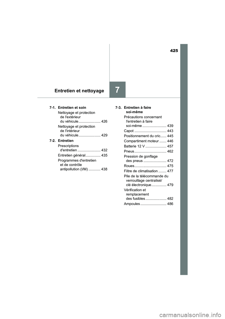 TOYOTA PRIUS C 2016 Manuel du propriétaire (in French) 425
7Entretien et nettoyage
PRIUS c_D (OM52F96D)7-1. Entretien et soin
Nettoyage et protection de lextérieur
du véhicule ...................... 426
Nettoyage et protection de lintérieur
du v TOYOTA PRIUS C 2016 Manuel du propriétaire (in French) 425
7Entretien et nettoyage
PRIUS c_D (OM52F96D)7-1. Entretien et soin
Nettoyage et protection de lextérieur
du véhicule ...................... 426
Nettoyage et protection de lintérieur
du v