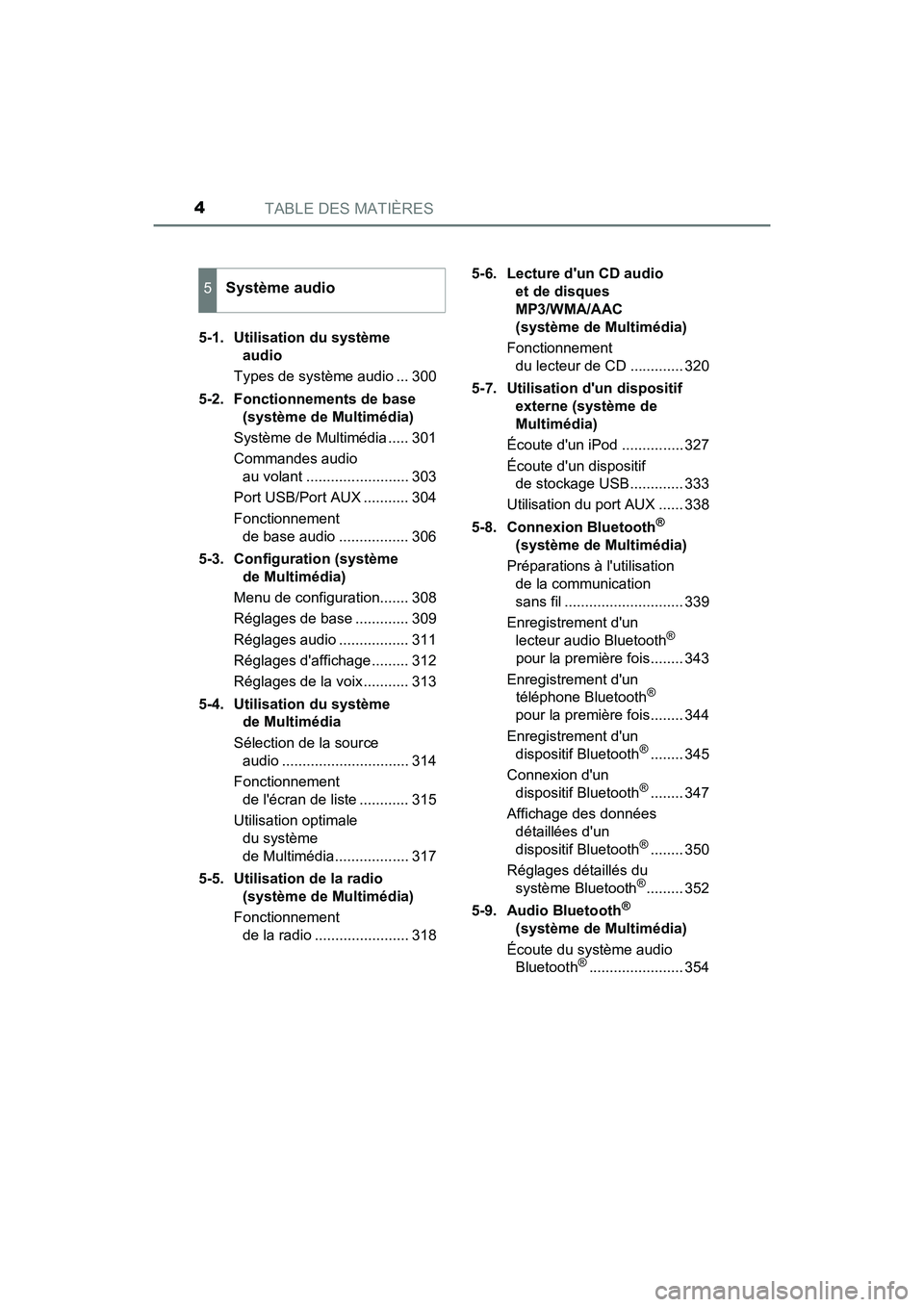 TOYOTA PRIUS C 2016 Manuel du propriétaire (in French) TABLE DES MATIÈRES4
PRIUS c_D (OM52F96D)5-1. Utilisation du système
audio
Types de système audio ... 300
5-2. Fonctionnements de base (système de Multimédia)
Système de Multimédia ..... 301
TOYOTA PRIUS C 2016 Manuel du propriétaire (in French) TABLE DES MATIÈRES4
PRIUS c_D (OM52F96D)5-1. Utilisation du système
audio
Types de système audio ... 300
5-2. Fonctionnements de base (système de Multimédia)
Système de Multimédia ..... 301